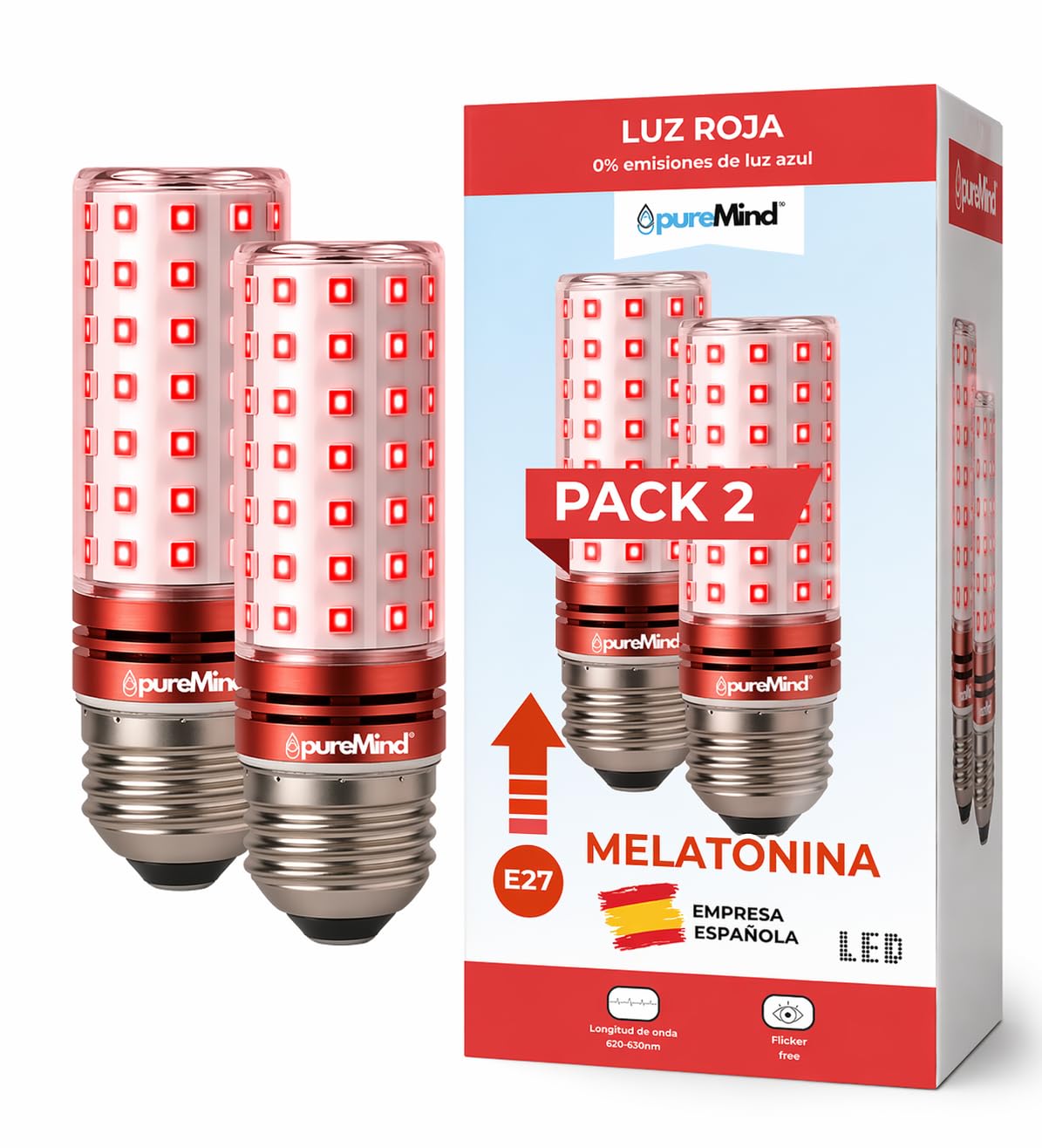 Puremind PACK 2 Luz Roja Nocturna Melatonina E27 para dormir bebe y adultos bombilla roja terapia para dormir tecnologia Flicker Free + 0% Luz Azul + rosca estandar + mejora del ritmo de descanso