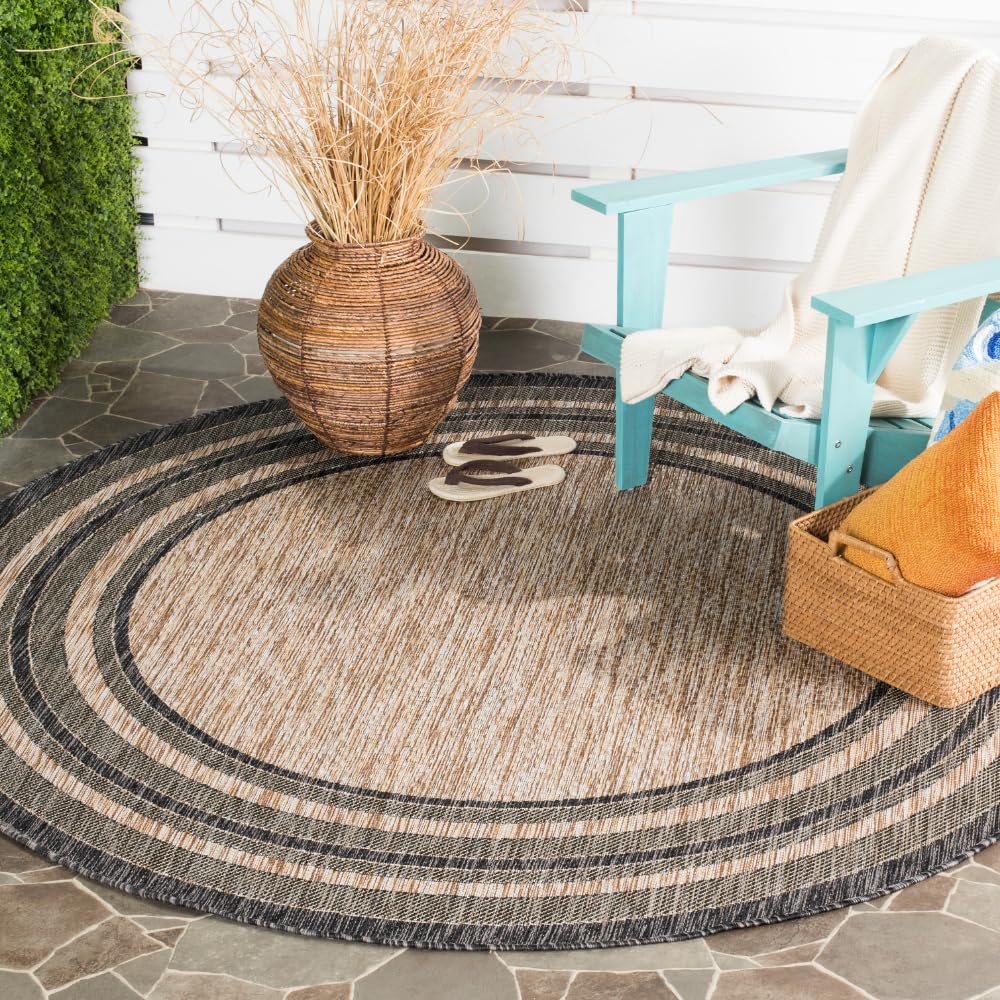 SAFAVIEH Courtyard Collection 6'7'' Round Natural / Black CY8475 Indoor/ Outdoor Patio Backyard Mudroom Area Rug