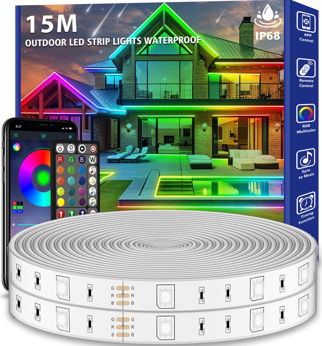 Ahrlhr Rgb 15M Waterproof Led Strip Lights For Outdoor, Ip68 Exterior Rope Lights With App & Remote Control, Flexible Outside String Light With Music Sync Mic Mode For Balcony,Deck,Garden,Pool