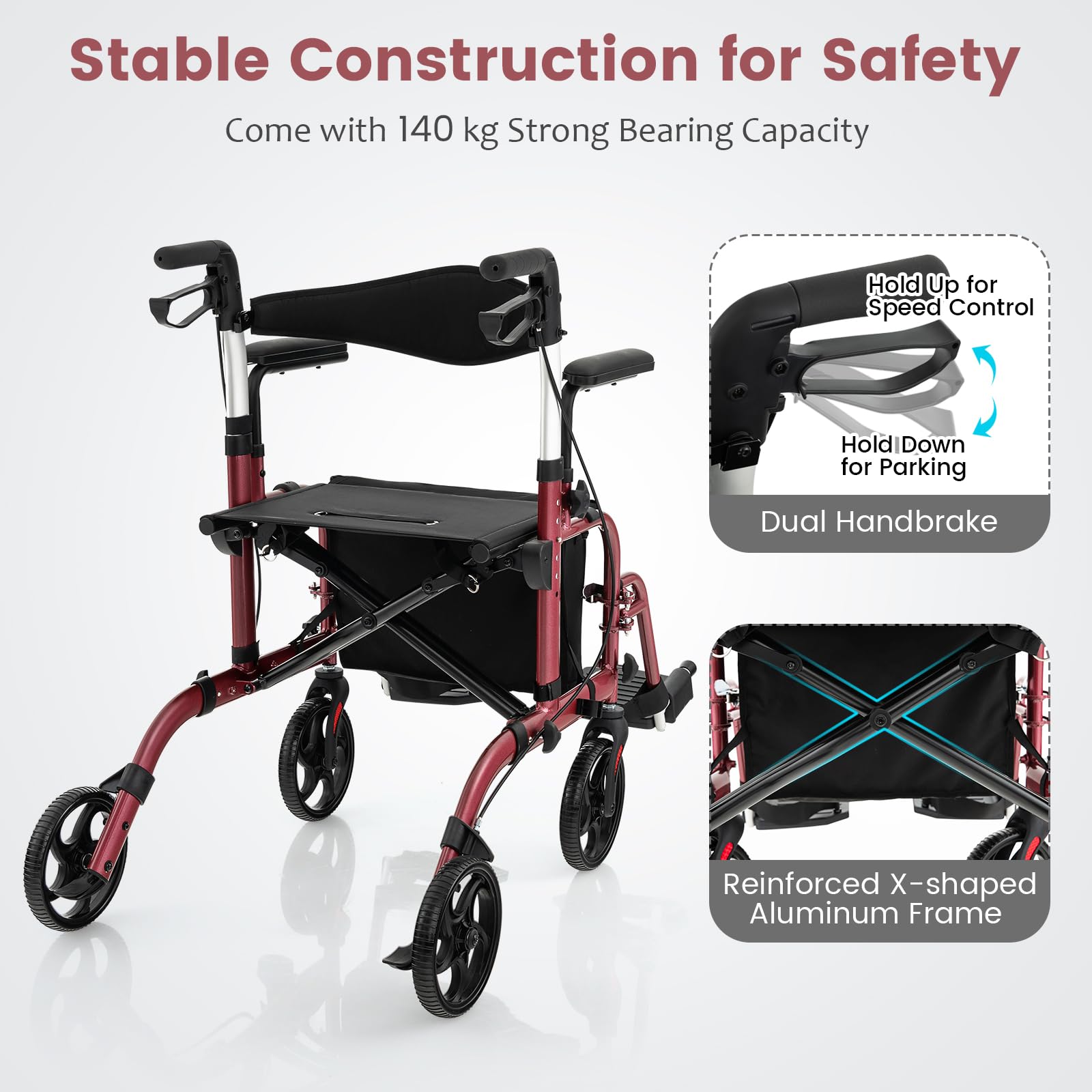FANTASK Andador plegable y ligero, silla de ruedas 2 en 1 y andador de viaje con asiento, andador con bolsa, frenos dobles y soporte para bastones, carrito de 6 alturas ajustables para personas