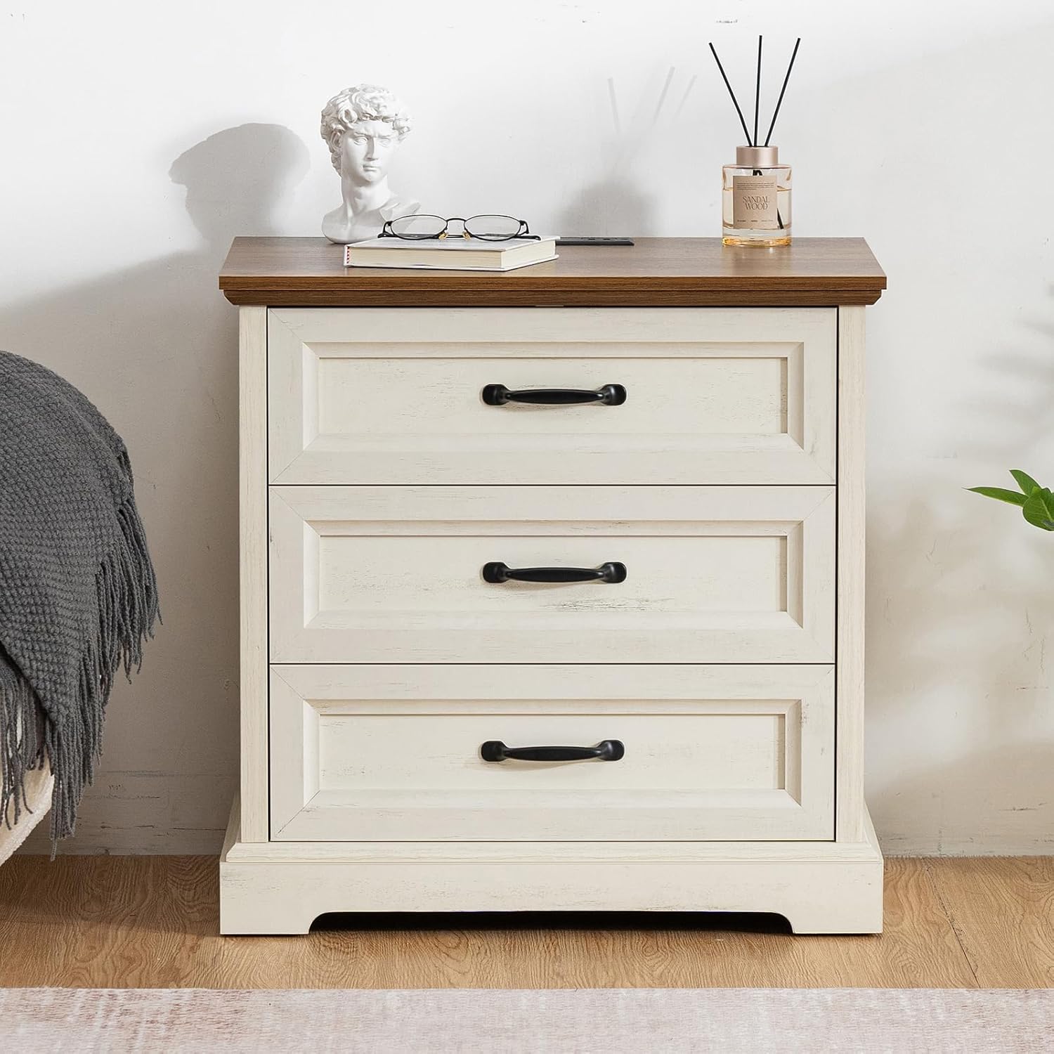 HOMMPA 24'' Farmhouse Nightstand with Charging Station, Bedside Tables with Type-C & USB Port, 3 Drawers Side Table End Table Dresser, Rustic Wood Night Stand for Bedroom, Rustic White