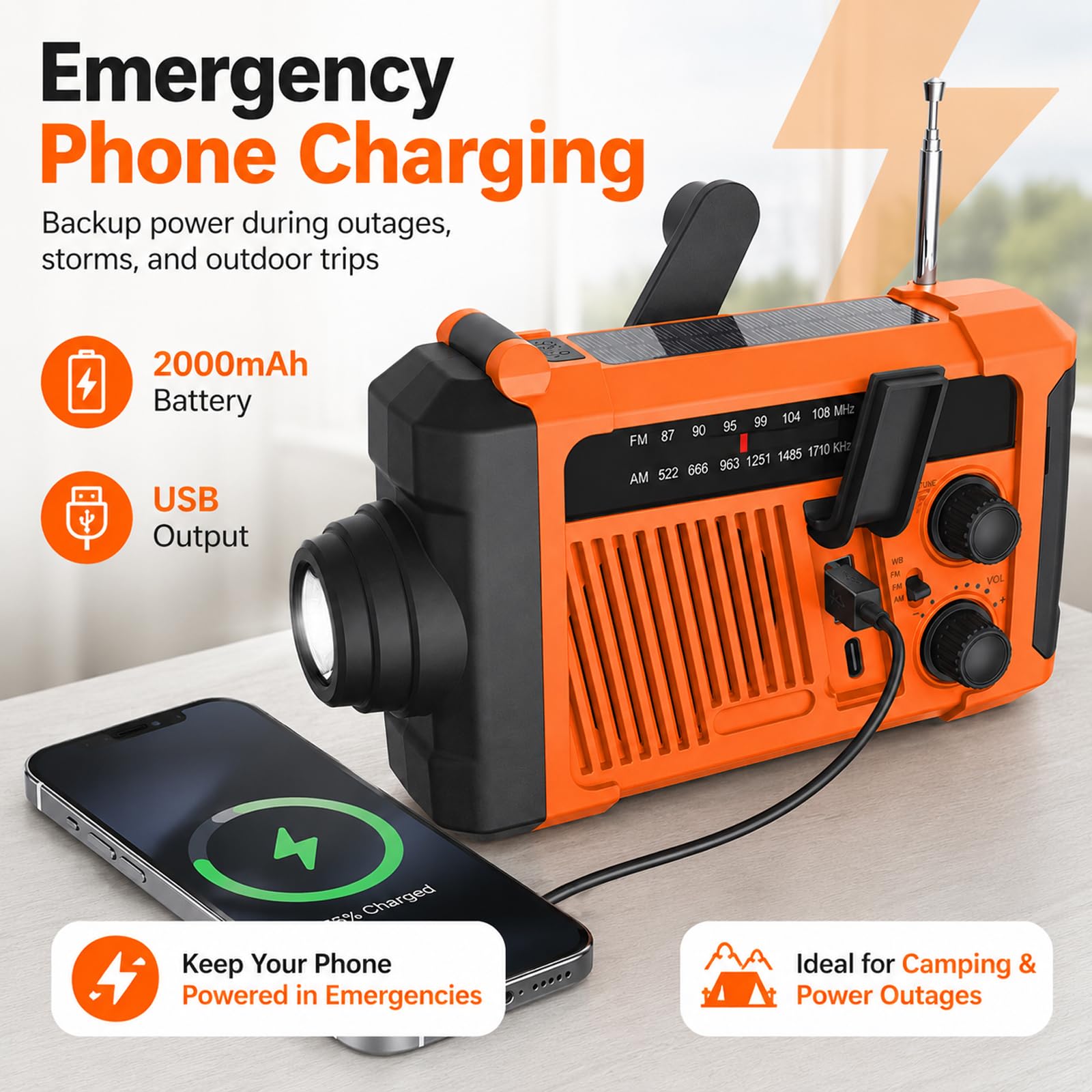 Radio d'urgence solaire à manivelle 2000 mAh AM/FM SOS Lampe LED Charge USB Camping