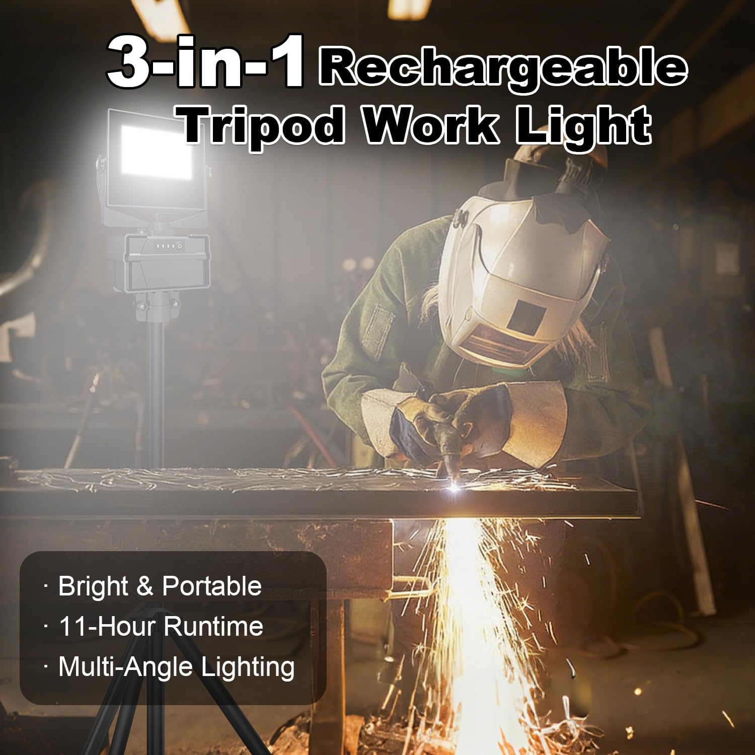 Rechargeable 10000mAh Work Light with Stand 5 ft Max Height, Cordless Work Light Dimmable 10000 Lumens Tripod Work Light Construction Essentials Gear Emergency floodlight with Detachable Tripod