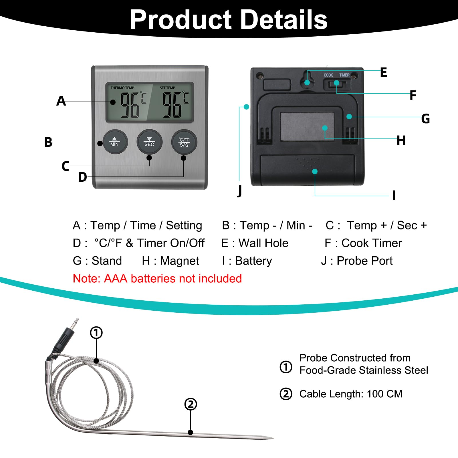 Thermomètre de Cuisson Numérique avec Grand Écran LCD, Sonde en Acier Inoxydable, Minuterie pour Four, Gril et Barbecue
