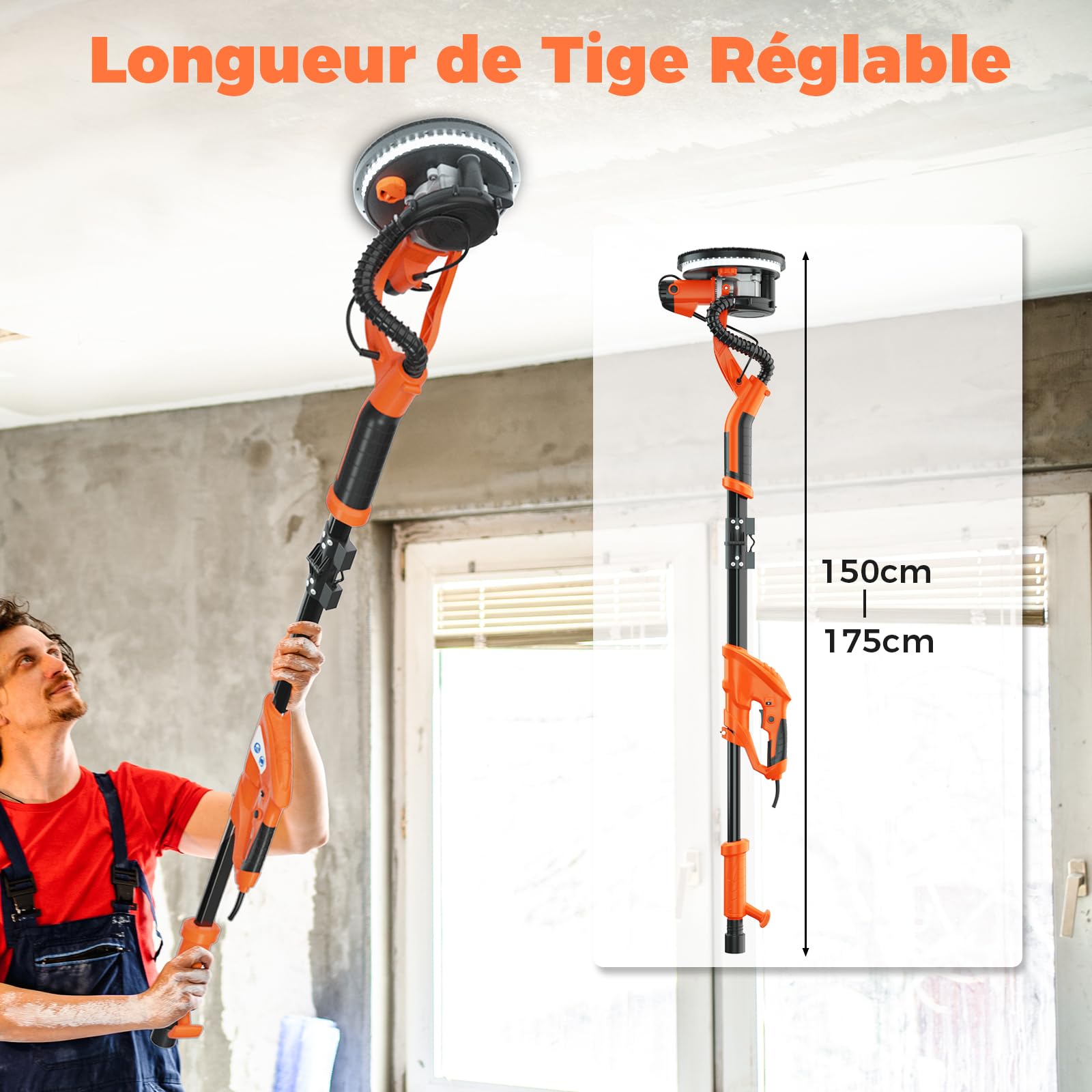 GOPLUS Ponceuse Girafe Aspirante 750W, Ø225mm, Lumières LED, 6 Vitesse, 800-1500 tr/m, Ponceuse Mur et Plafond Électrique Pliable avec Manche Télescopique, 12 Disques Abrasifs 80-240, Sac de Transport