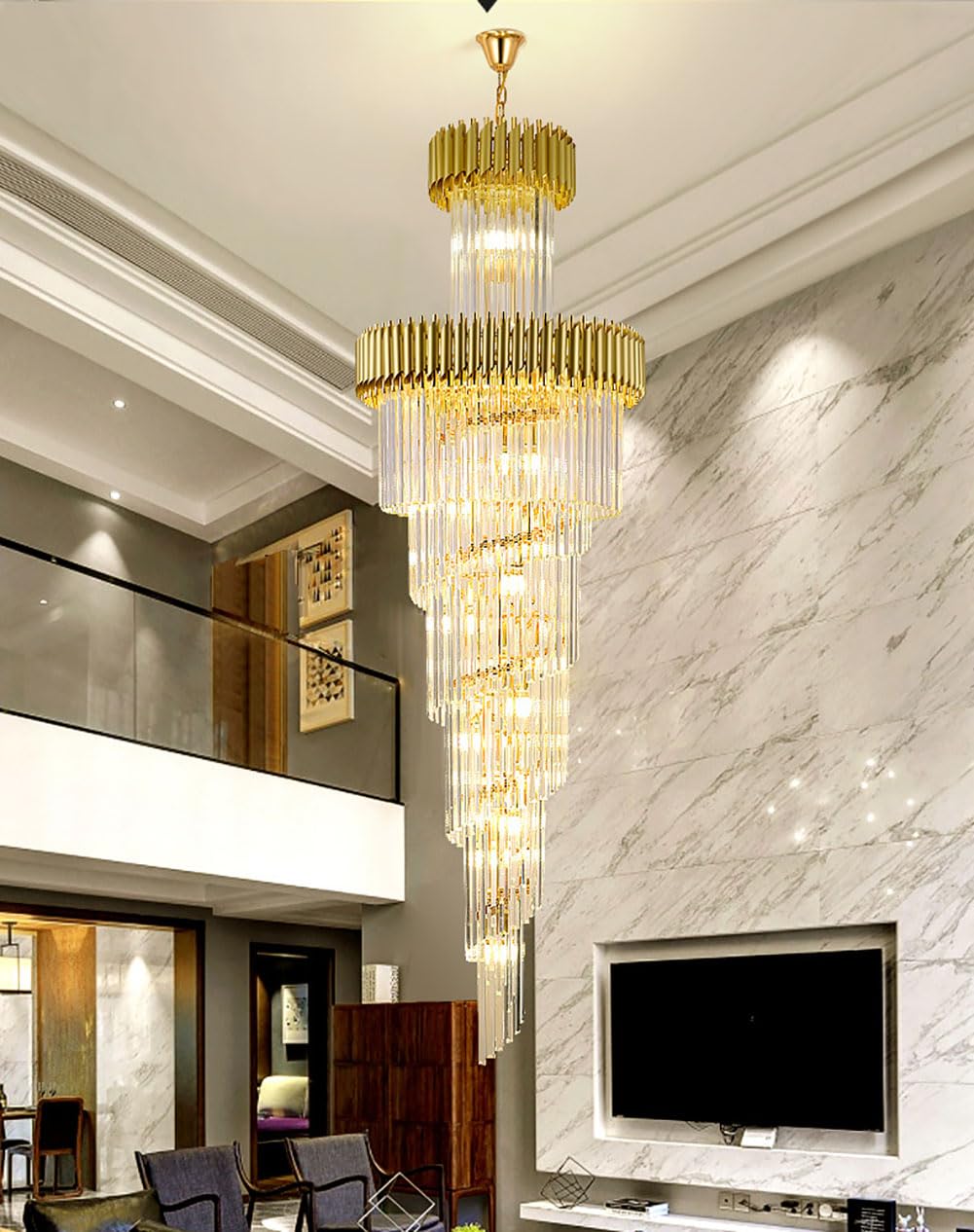 Lampadario Moderno in Cristallo per Scale - Lussuosa Lampada a Sospensione Regolabile per soffitti Alti, Lampadina E12, Finitura Oro/Nera, Lunghezza 51"/59"/67", Villa Spiral (diam
