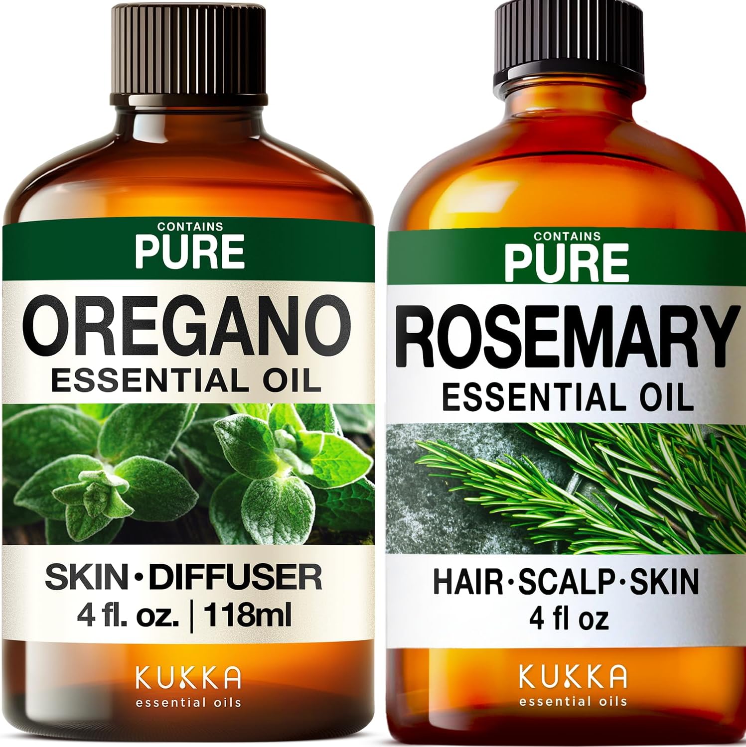 Oregano Oil Essential Oil for Skin & Rosemary Oil for Hair Set - Aromatherapy Grade Essential Oils Set - 2x4 fl oz - Kukka