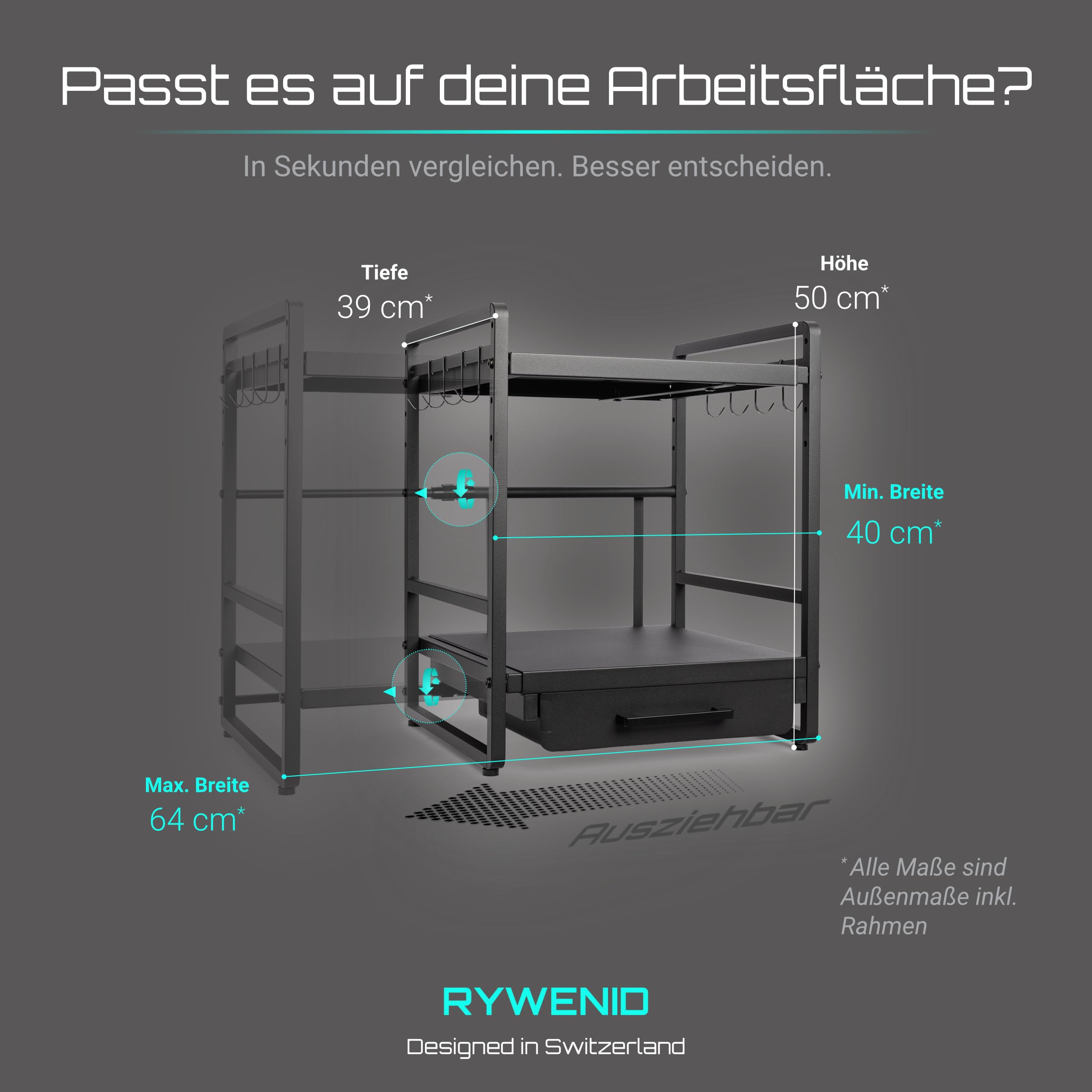 Mikrowellenregal mit Schublade höhenverstellbar, Regal Mikrowelle schwarz | Küchenorganizer Regal für Arbeitsplatte, stabil bis 50kg, erweiterbar 40-64cm, Küchenregal für maximale Ordnung in der Küche