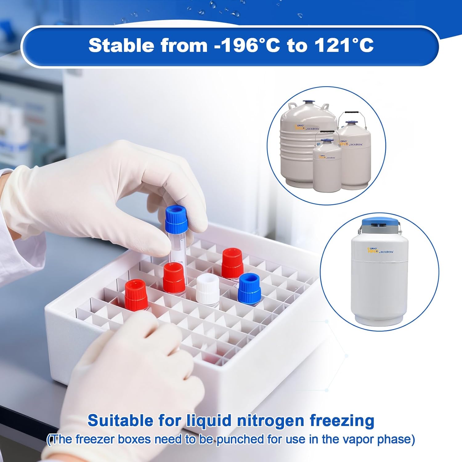 Lab Freezer Box with Plastic Coating, 2 Inch Height Cryobox, 81-Well Microtube Box for Lab Freezer, White, Case of 100