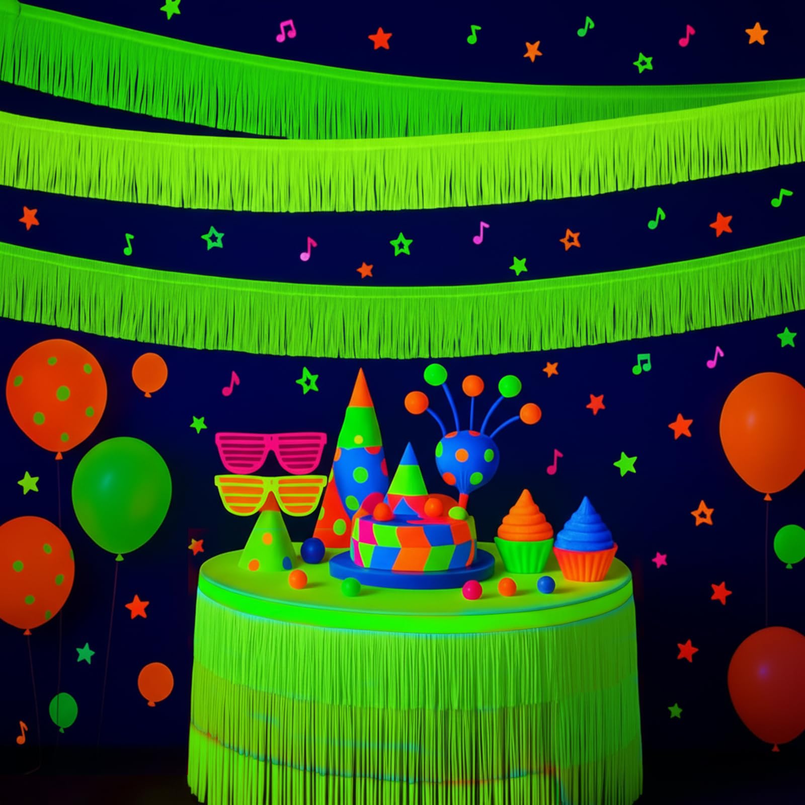 Tingjoo 12 Pack 120ft Glow in The Dark Party Supplies Neon Foil Fringe Garland Green Parade Float Neon Party Decorations Fluorescent Glow Tinsel Streamer Banner Table Skirt for 80s Birthday Holiday