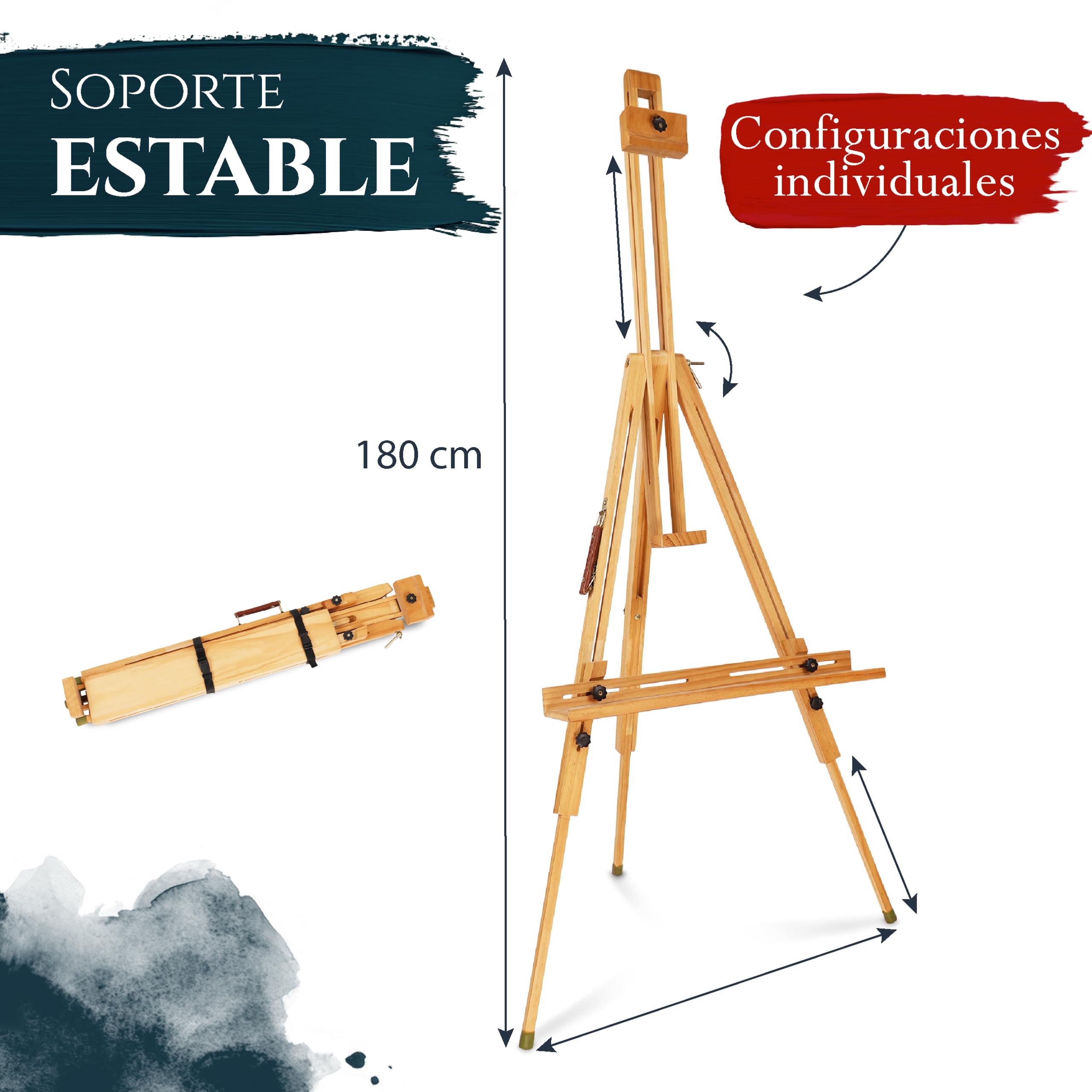 Artina caballete ligero de madera de haya portátil para pintura bastidor | de hasta 80cm ángulo de inclinación ajustable patas de goma antideslizantes de campo atril lienzo pintor St. Tropez