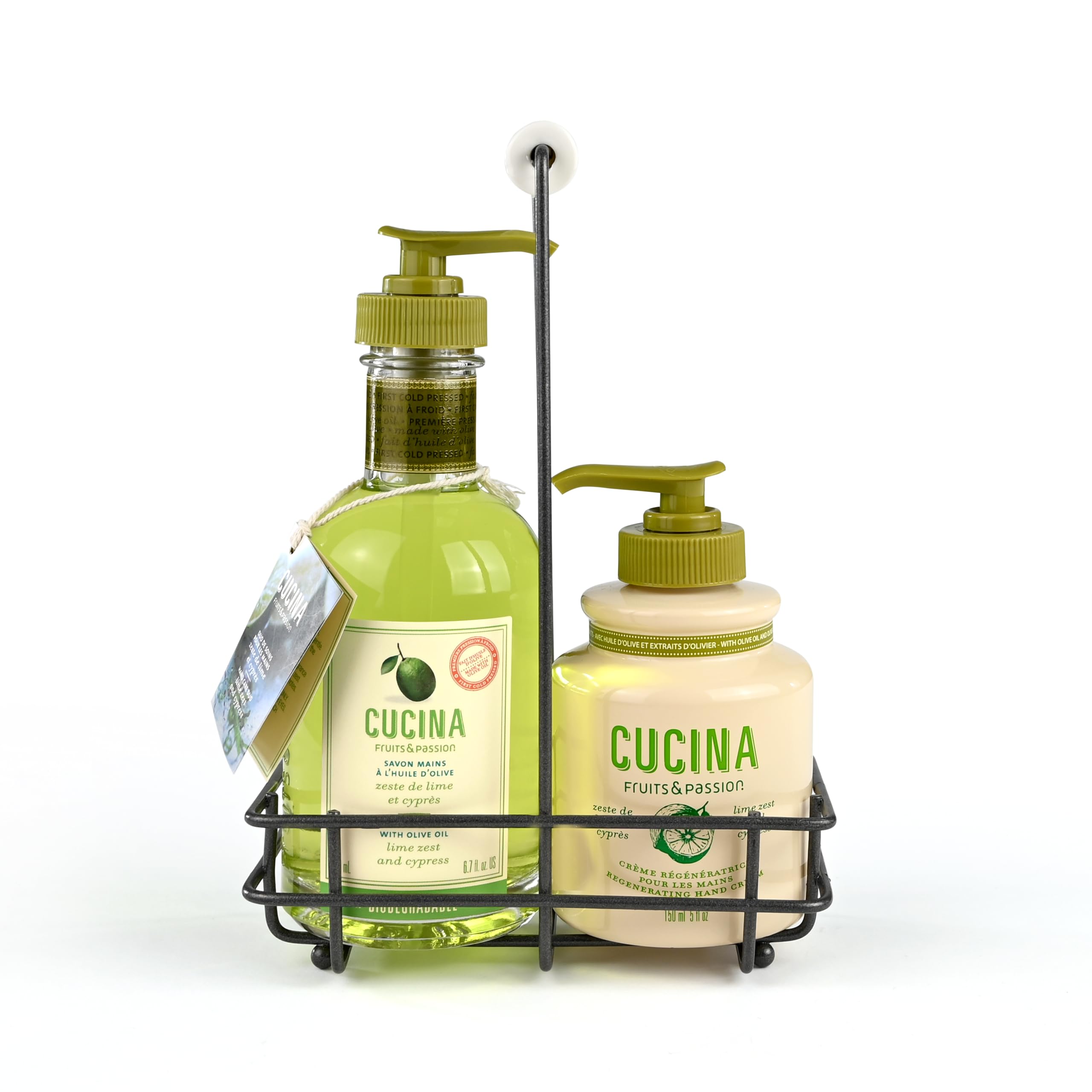 Fruits & Passion Cucina Hand Care Duo Gift Set – Lime Zest & Cypress Hand Soap & Regenerating Hand Cream with Cold-Pressed Olive Oil, Includes Metal Holder, Kitchen Sink Set, 6.7 fl oz + 5.0 fl oz