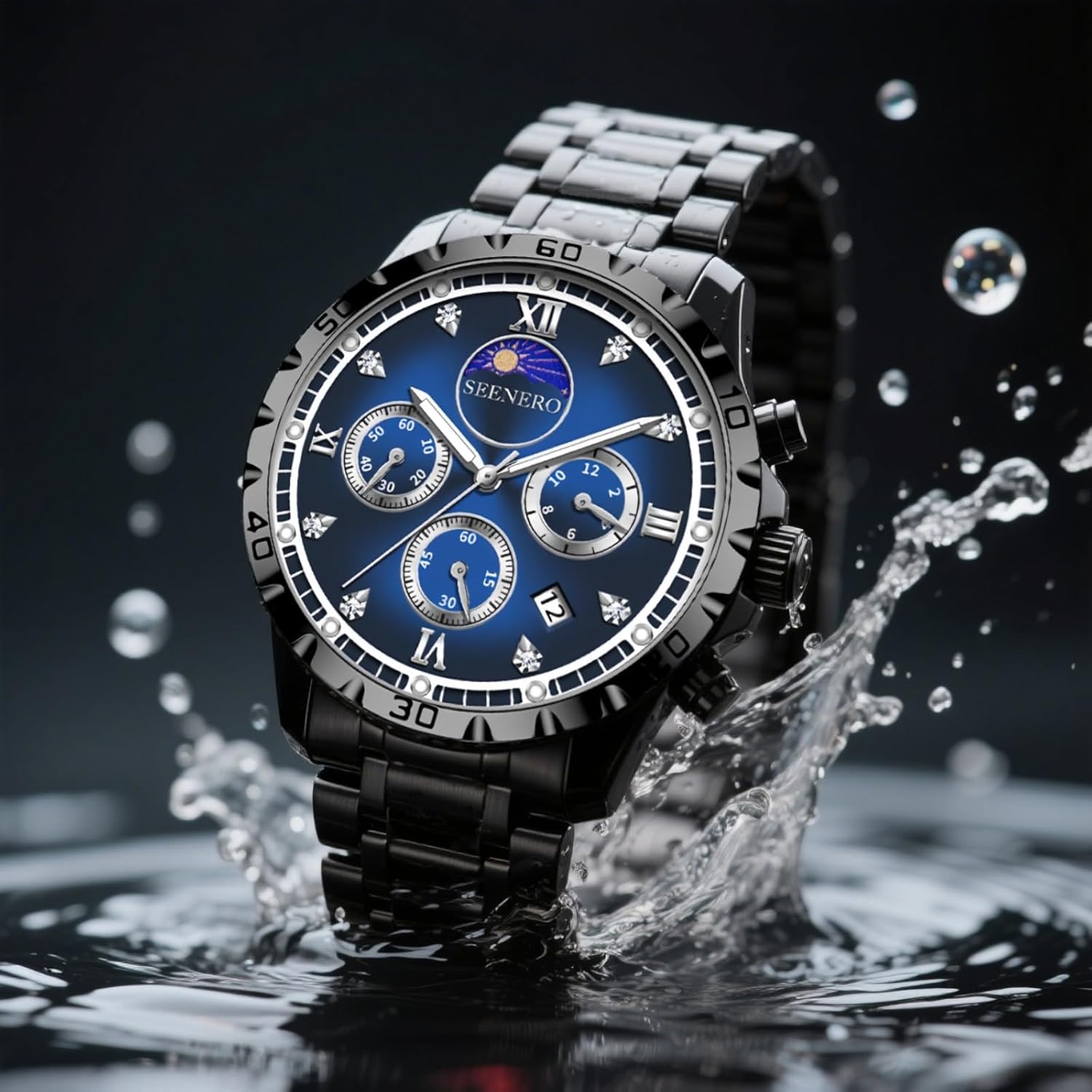 Watches For Men Luxury Stainless Steel Quartz Chronograph Waterproof Moonphase Watch With Luminous Roman Diamond Dial Fashion Dress Business Timepiece, Perfect Mens Gifts For Birthday Anniversary Or Holiday - Image 8