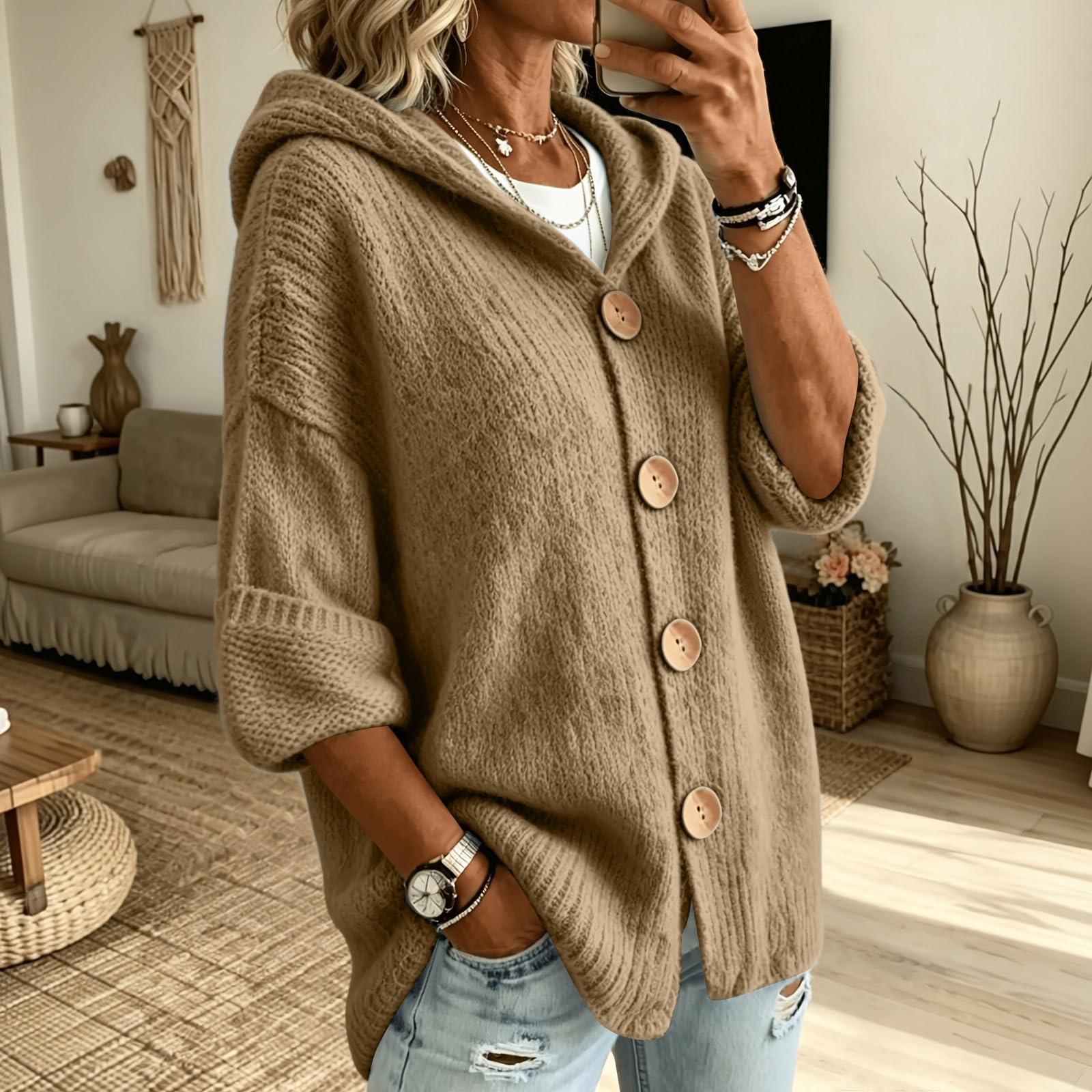 Gilet Femme avec Capuche et Bouton Chaud Chic Ample Sweats en Maille
