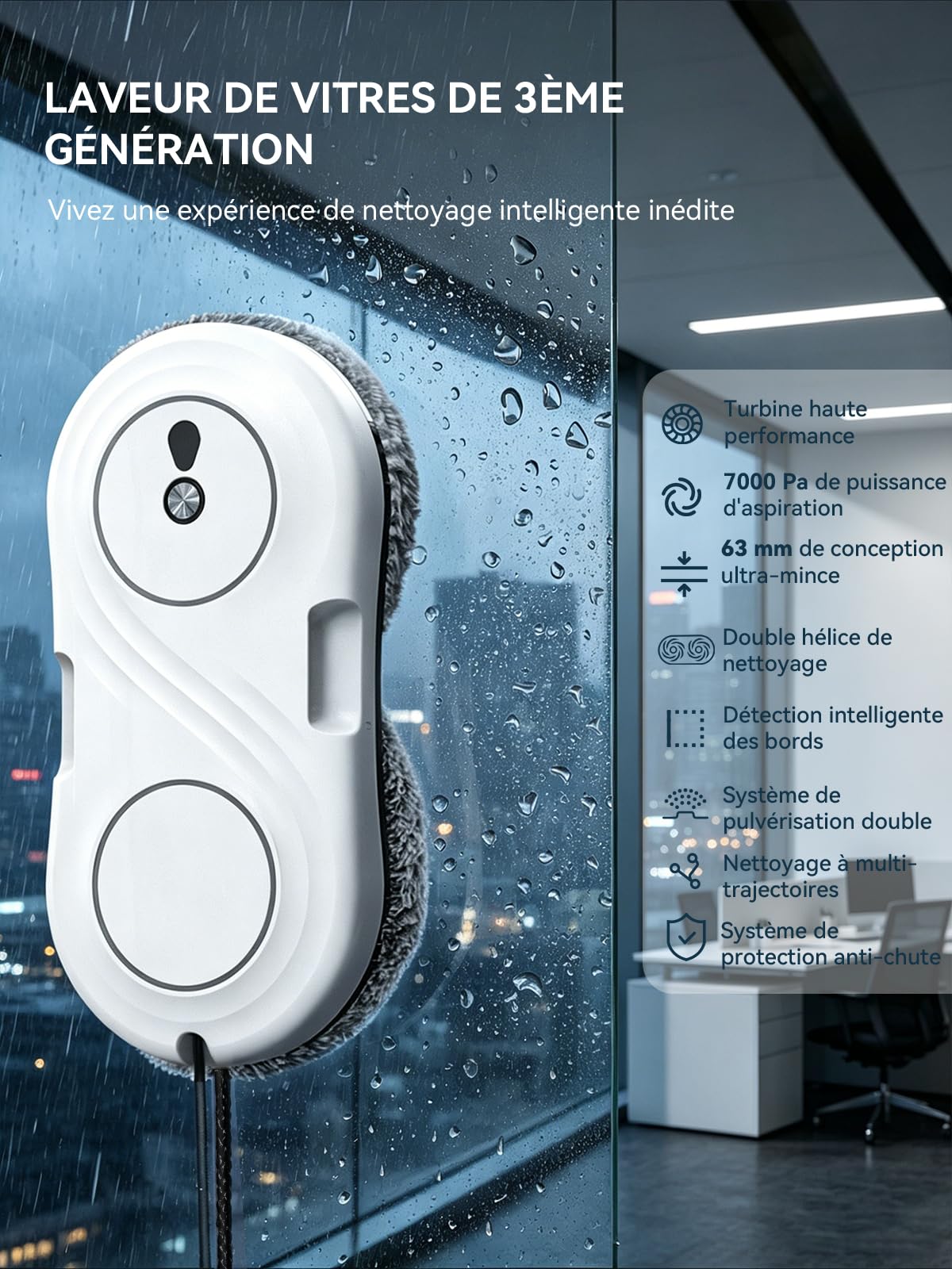Keero Laveur de Vitre Automatique, Robot Lave-Vitres Navigation Intelligente, 7000pa, Nettoyage à Double Hélice, Protection Antichute, avec 10 Chiffons de Nettoyage, WD12D