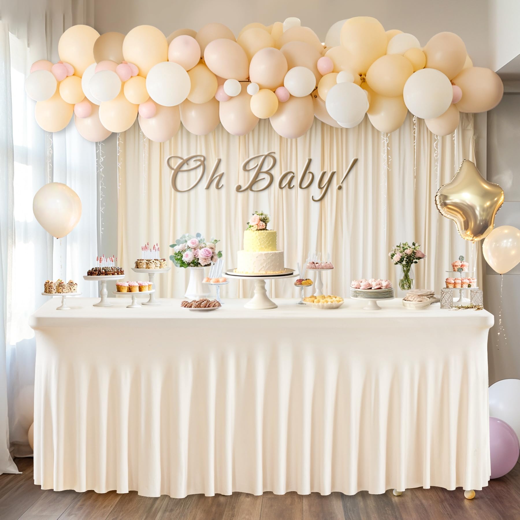 PARTISKY Ivory 6 Pack Spandex Table Skirts Table Covers for Rectangle Tables 8ft, Ivory Stretchable Folding Table Cloth for Weddings, Birthday Parties, Banquet, Baby Shower