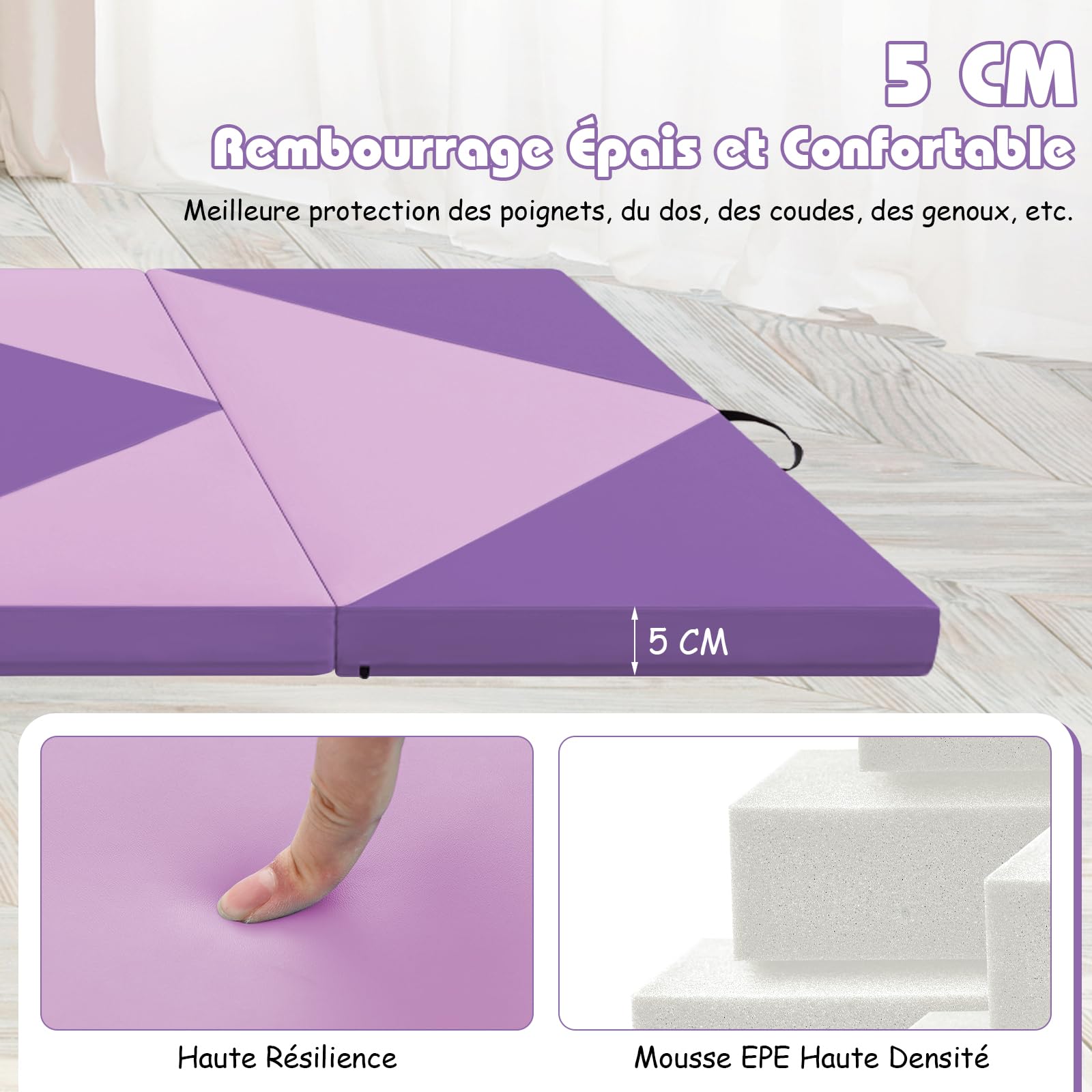 GYMAX Tapis de Gymnastique Pliable Épais 240x116x5cm, Combinaisonable avec Attaches Auto-Agrippante, Portable avec Poignée de Transport, pour Fitness, Exercice, Yoga, Étirement, Pilate