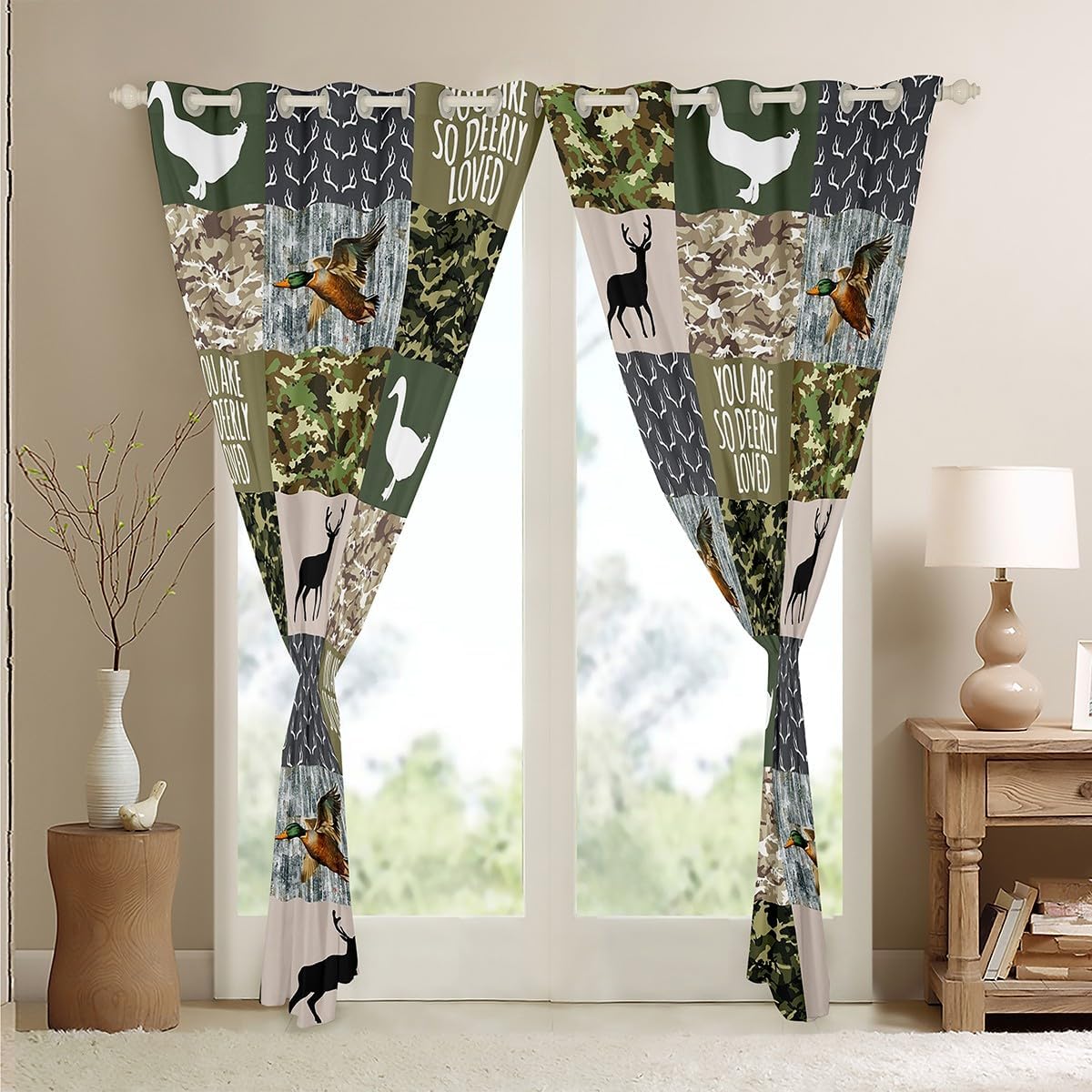 Feelyou Deer Duck Cowhide Darkening Dreapes Hunting Camo Theme Curtains for Bedroom Living Room Kids Decor Wildlife Decor Blackout Curtains Green Wild Theme Window Treatments (2 Panels, 42 x 84 Inch)