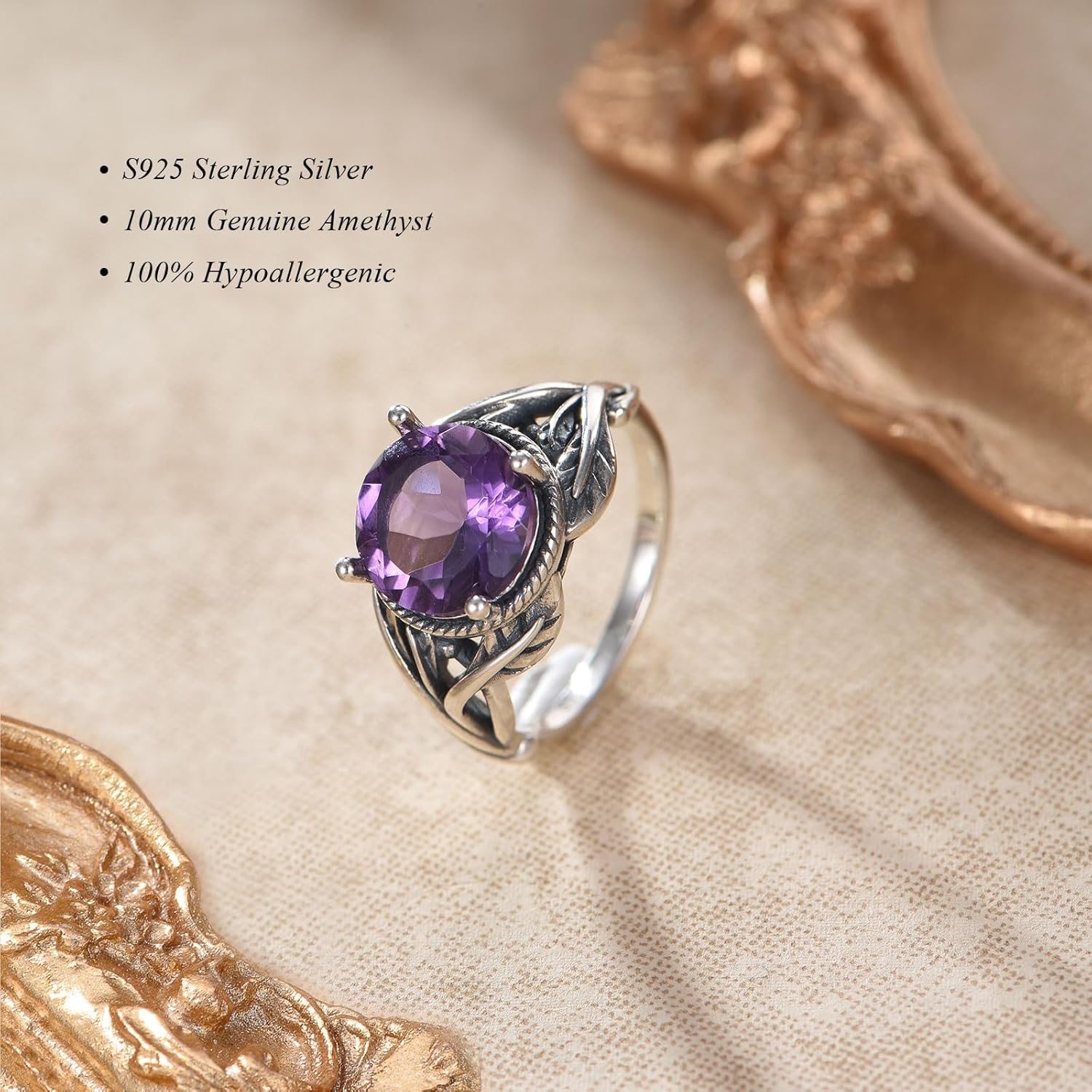 10mm Genuine Amethyst Leaf Engagement Ring for Women 925 Sterling Silver Natural Amethyst Promise Rings Vintage Jewelry Gift - Image 4