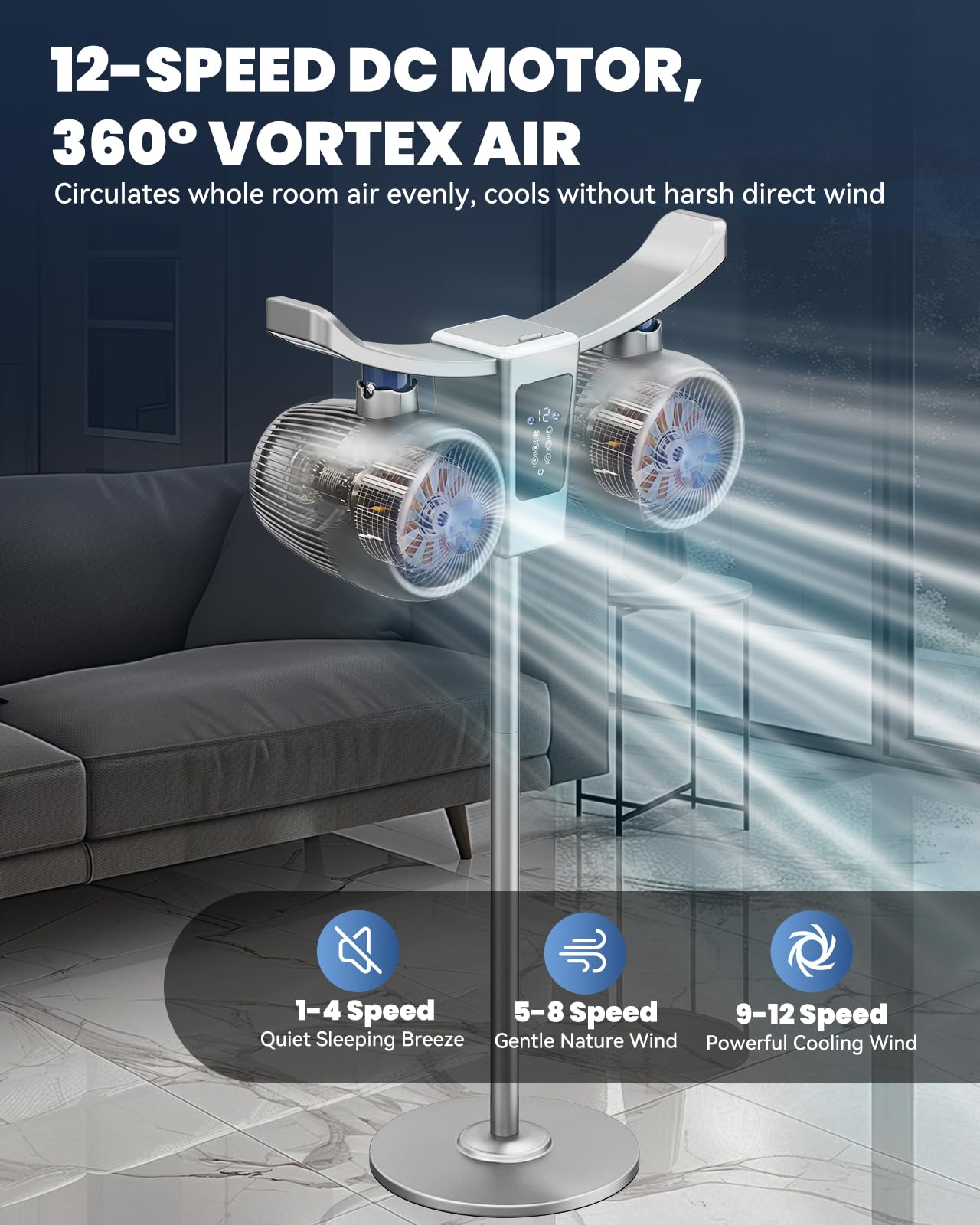 Ventilador de nebulización oscilante de 45 pulgadas | Circulador de aire 5D 285° con humidificador e ionizador de aire | Motor de CC silencioso de 12 velocidades | Control remoto y táctil de panel | 3