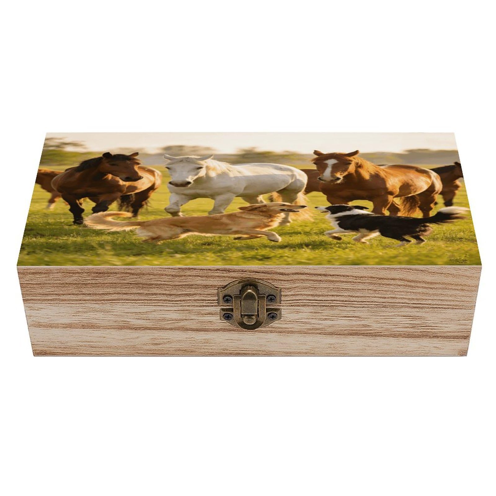 LZQPOEAS Horses And Dogs Wooden Keepsake Box Wooden Storage Box Container with Hinged Lid Beautiful Wood Memory Box Decorative Jewelry Case for Crafts Art Hobbies & Trinket Storage
