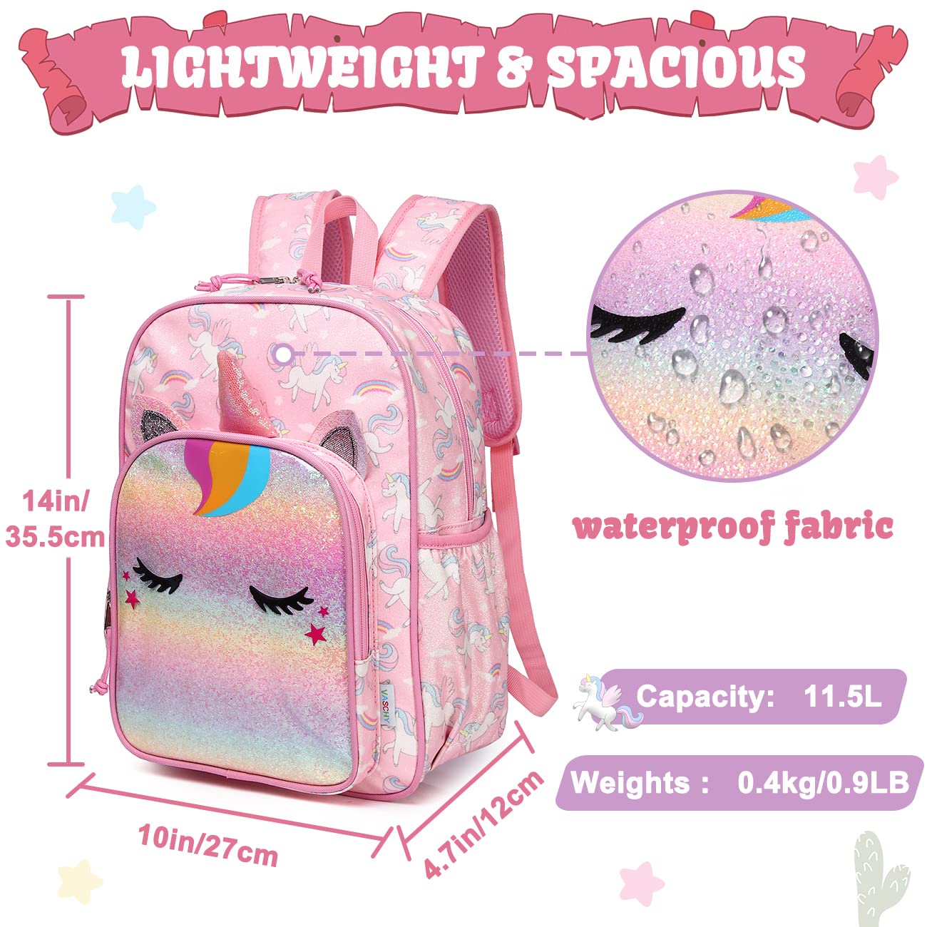 VASCHY Sac À Dos Enfant Licorne/Voiture, Cartable Maternelle Et CP 3–7 Ans, Grand Format A4 11,5 L Léger Avec Sangle De Poitrine Et Bandes Réfléchissantes
