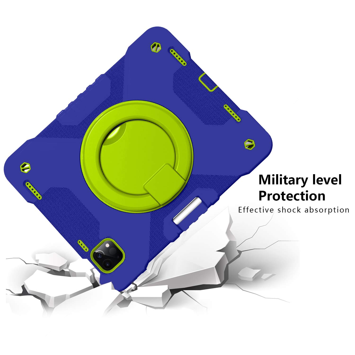 Tablette Coque For iPad 2020 AIR4 10.9 / PRO 11, Couvercle de protection antichoc adorable For enfants, avec support poignée pliante, kickstand rotation, bandoulière transportante(Navy blue+grass green)