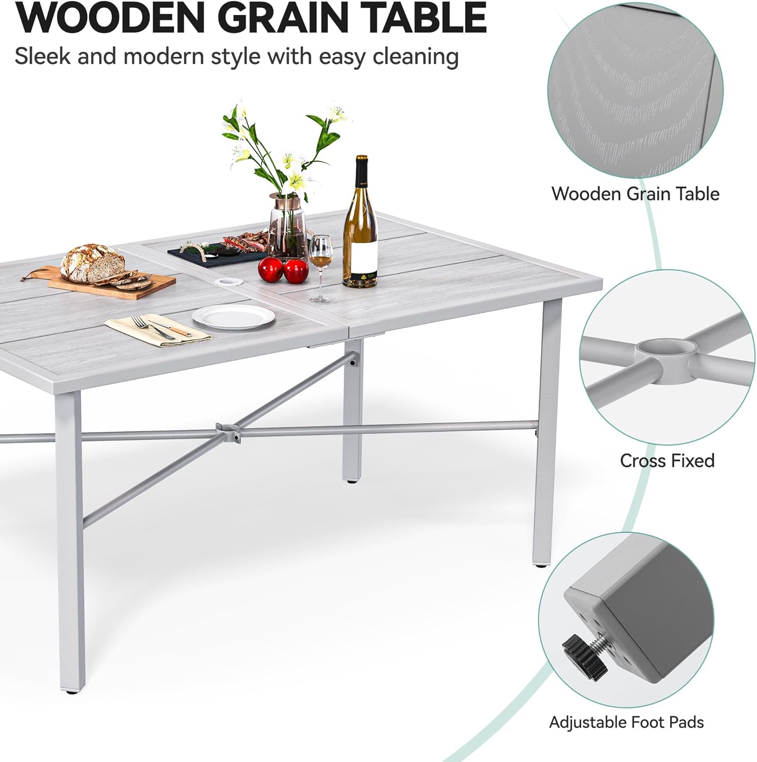 YITAHOME Patio Table Rectangle 59.1"x35.4" Outdoor Tables with Umbrella Hole & Adjustable Levelers All-Weather Outdoor Patio Table with Metal Frame for Lawn Garden Backyard, Gray