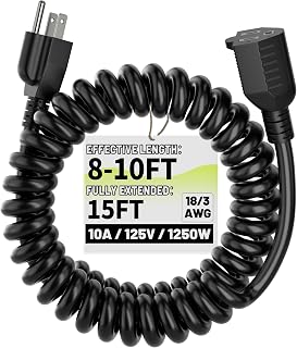 Vockjour 10 FT 18AWG 3 Prong Black Coiled Extension Cord for Electric Tools