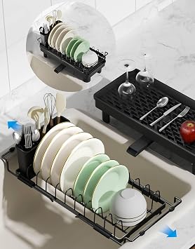 Nacial 2-in-1 Small Dish Drying Rack Fits 1421.8 Sink, Dish Drainers for Kitchen Counter Extend Kitchen Sink Drain Basket with Utensil Holder & Auto-Drain Tray, Stainless Steel Plate Rack, Black