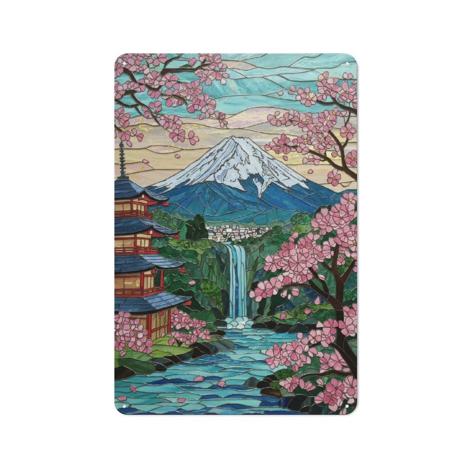 Junmoney Style-18 Rustic Mount Fuji Stained Glass Tin Wall Plaque 30X20cm, Rustic Kitchen Decor For Cottage, Kitchen, Hallway Or Breakfast Nook