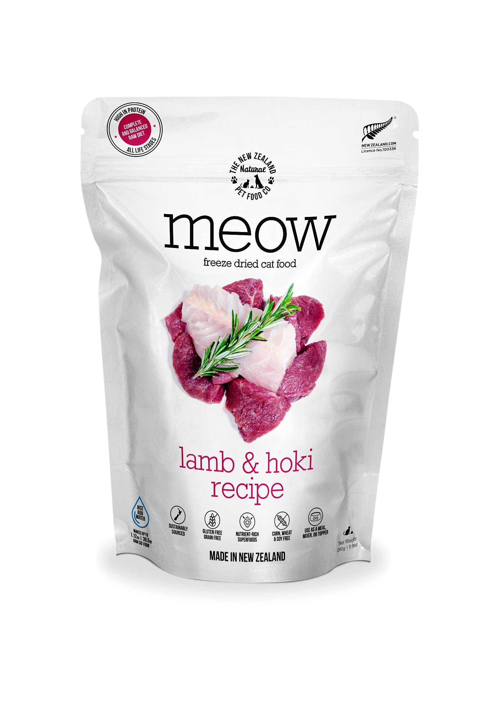 The New Zealand Natural Pet Food Co.Meow Freeze Dried Cat Food - Lamb & Hoki Recipe, High Protein Cat Treats, Meals & Toppers, Dry Cat Food, 9.9 oz