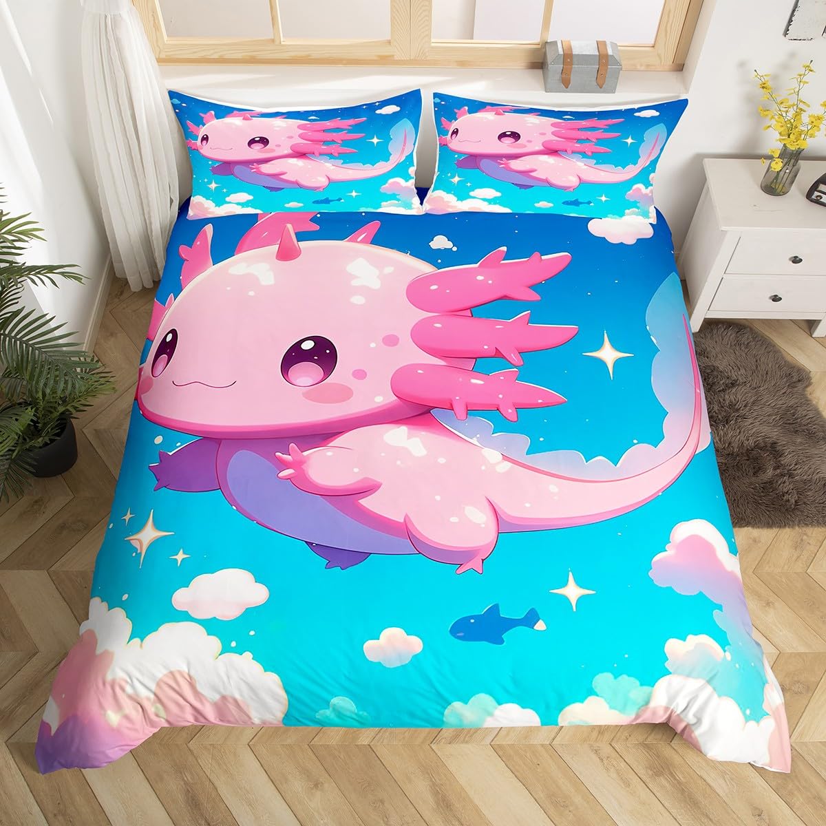 Cartoon Pink Axolotl Double Size Duvet Cover,Cute Salamander Marine Life Duvet Cover for Boys Girls All Season,Starry Blue Sky Romantic 3D Print Bedding Set,Blue and Pink,No Comforter