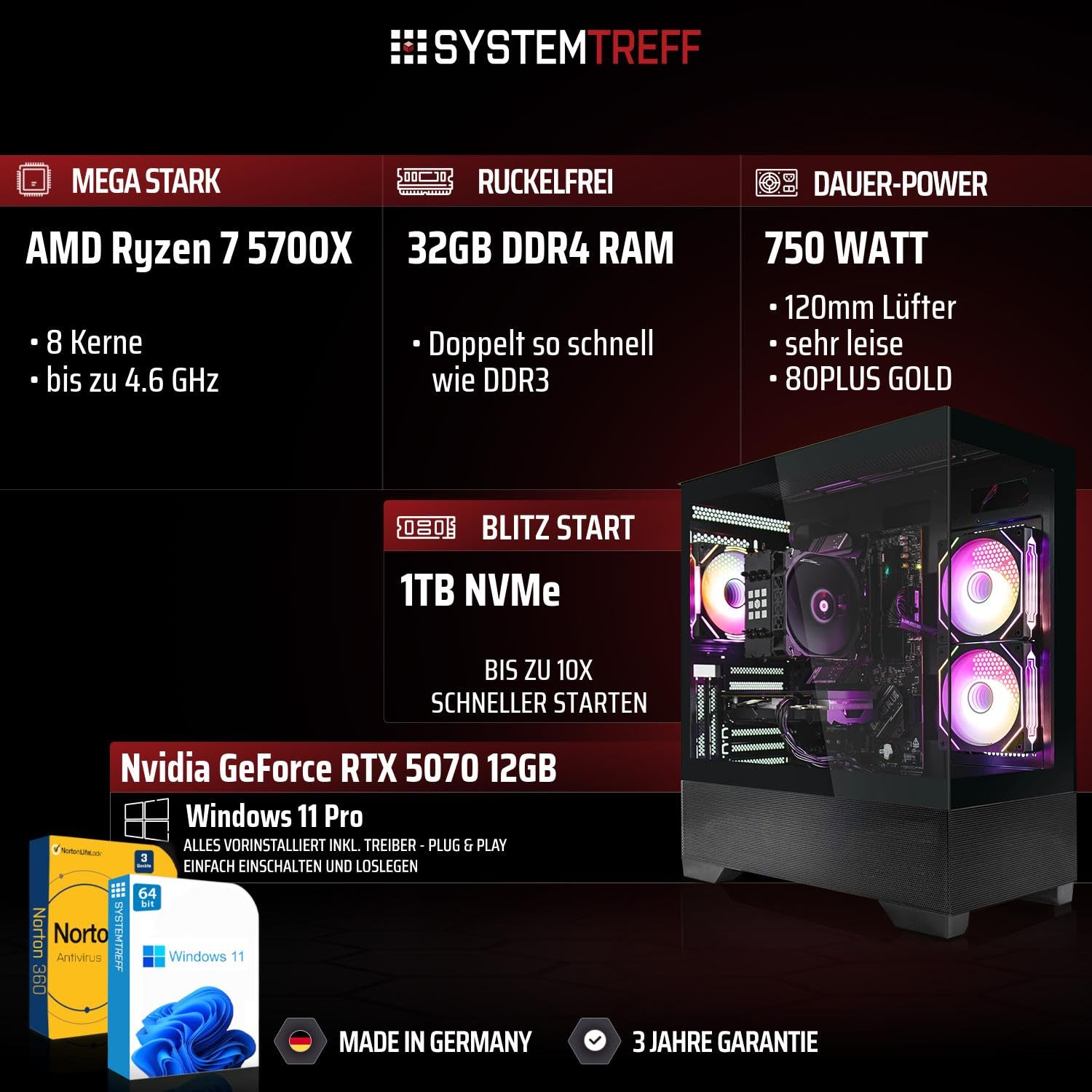 SYSTEMTREFF High-End Gaming PC AMD Ryzen 7 5700X 8x4.6GHz | Nvidia RTX 5070 12GB DX12 | 1TB M.2 NVMe | 32GB DDR4 RAM | Windows 11 | WLAN Desktop Computer Rechner für Gamer, Zocker & Streamer