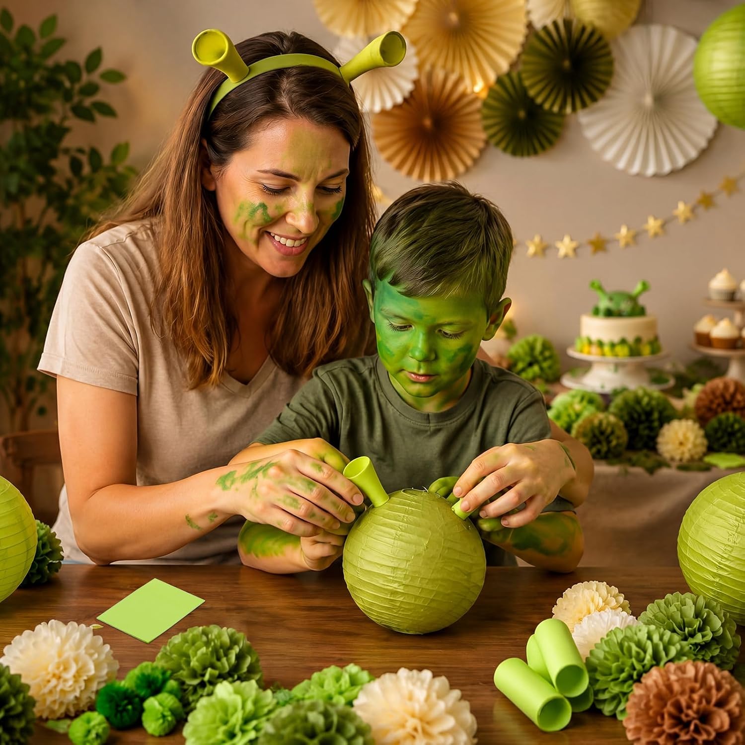 Olive Green and Brown Party Decor 14 Pcs Hanging Paper Lantern Fan and Tissue Pom Pom with Star Banner Green Brown Party Decor Kit for Birthday Baby Shower Wedding Swamp Themed Supplies