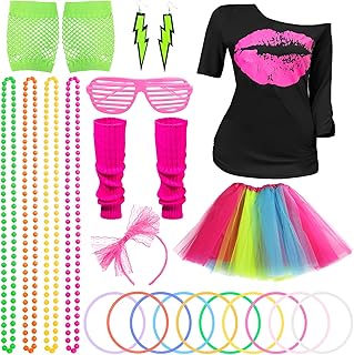 80s Fancy Dress for Women Girls 80s Accessories Set Neon Accessories Lip Print T-shirt Six-Color Tutu Skirt Leg Warmers Necklace Fishnet Gloves Earrings Glasses Headband Bracelet 80s Theme Party