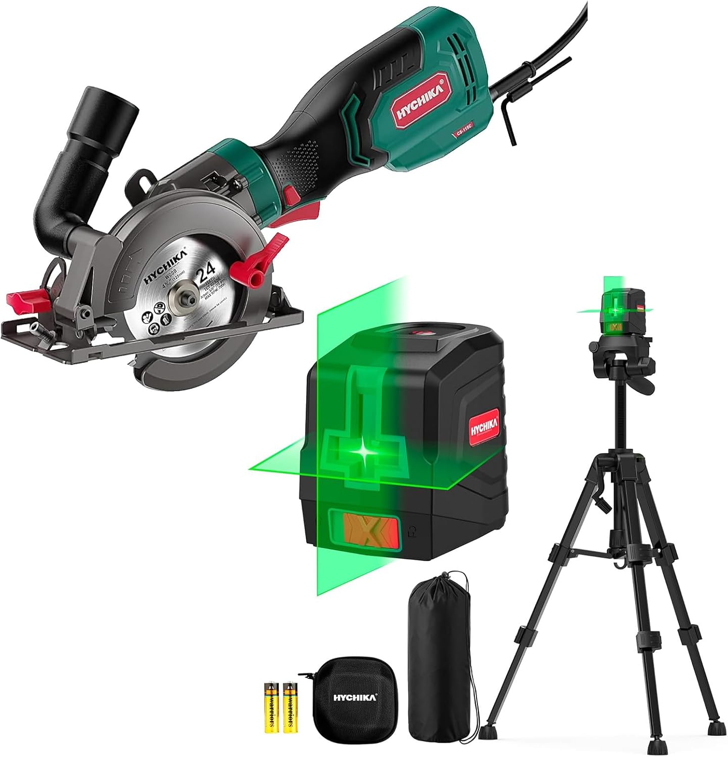 HYCHIKA 6.2A Mini Circular Saw with 3 Blades, Laser Level 360° Self Leveling with Tripod, 2-Tool Power Tool Combo Kit