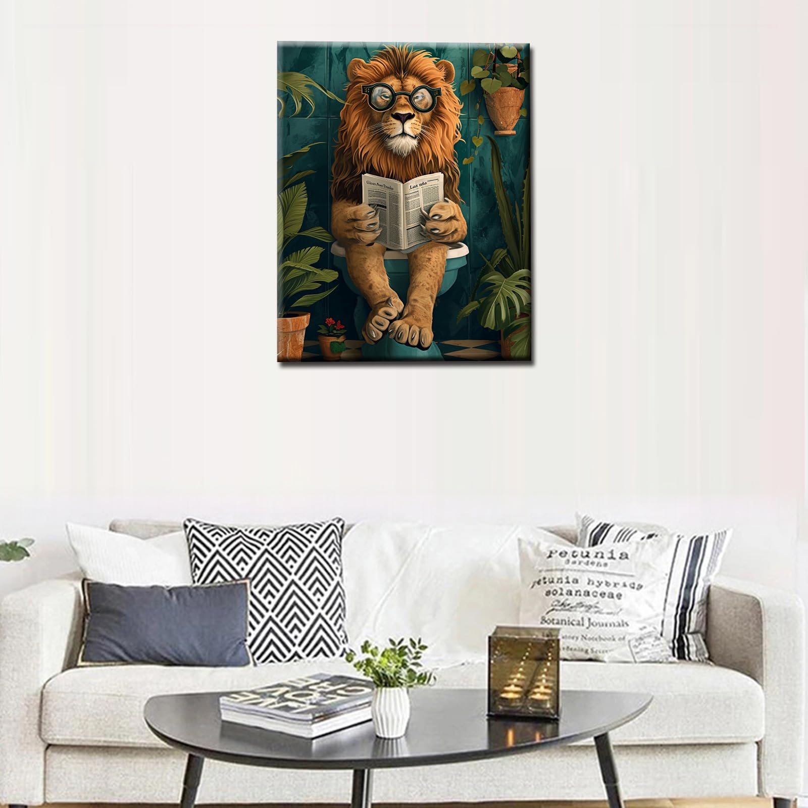 Lustiger Löwe auf Toilette, Leinwand-Kunst, tropische Pflanzen-Poster, niedliches modernes Kunstwerk für Wohnzimmer und Schlafzimmer, gerahmt