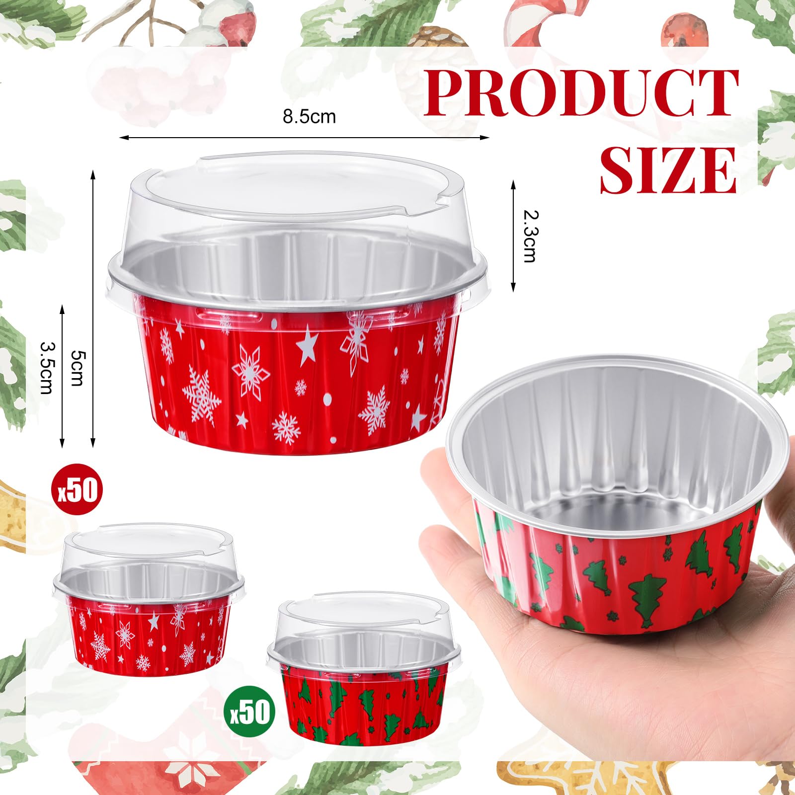 Umigy 100 Pcs Christmas Aluminum Foil Baking Cups with Lids 4.3oz Baking Liner Cups Xmas Disposable Ramekins Muffin Tins Cupcake Containers for Party (Snowflake, Christmas Tree)