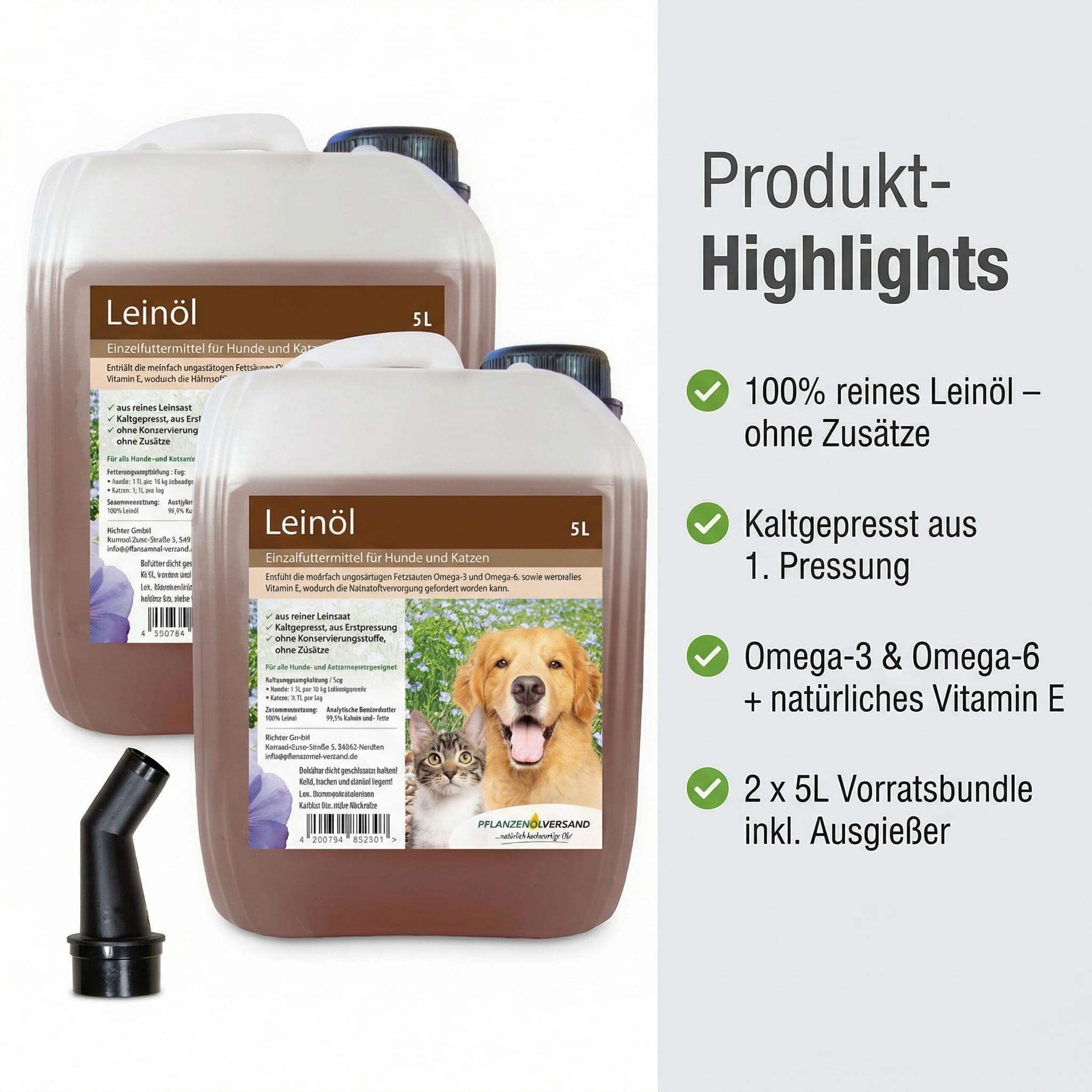 Leinöl für Hund & Katze, kaltgepresst aus Erstpressung, 100% rein ohne Zusätze, Einzelfuttermittel, Futteröl für Barf & Trocken-/Nassfutter, 2 x 5 l Vorrat inkl. Ausgießer