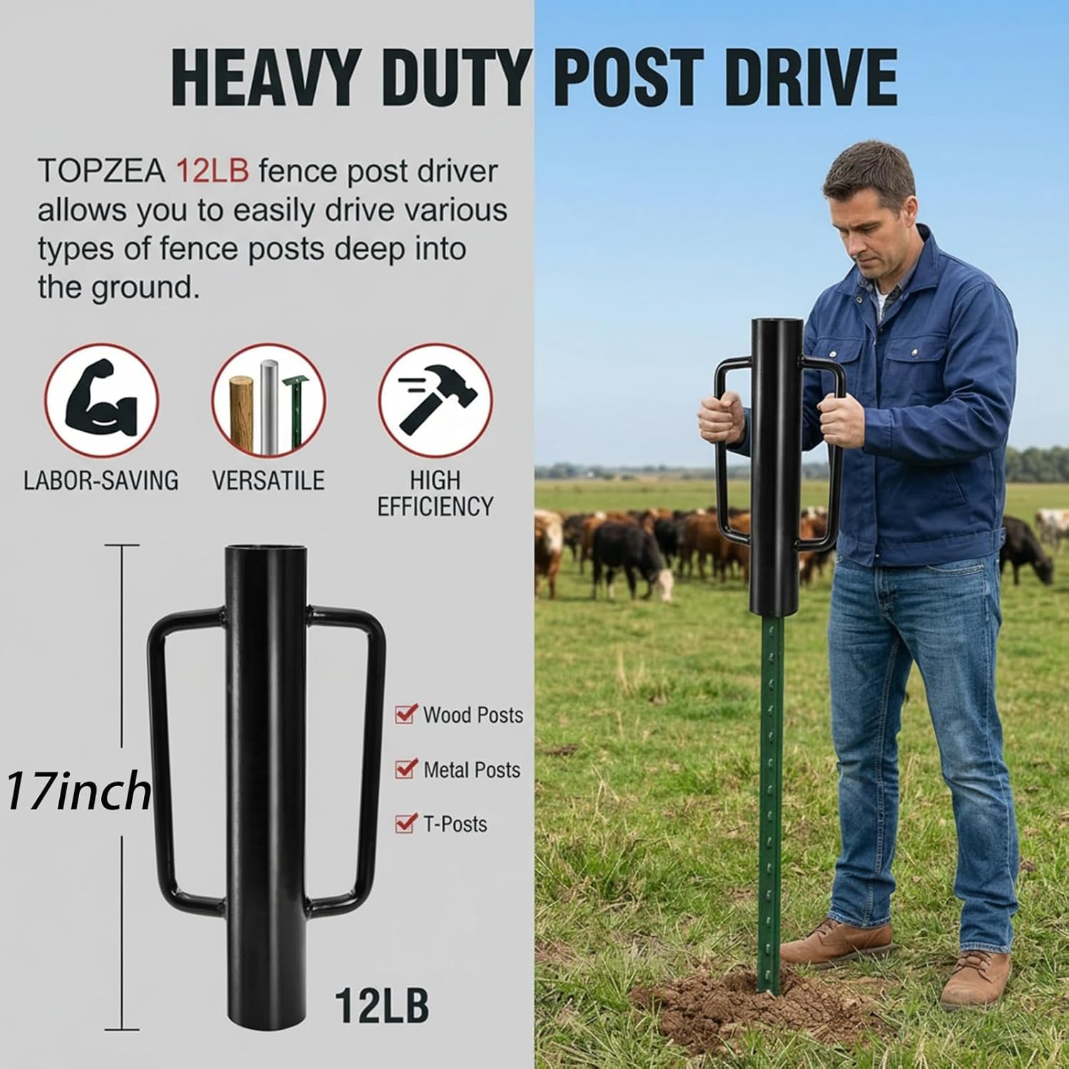 TOPZEA Fence Post Driver, 12LB Heavy Duty T Post Pounder with Ergonomic Handle, 2.7" Inner Dia Steel Posts Hole Diggers Hand Rammer Tool for T Posts, U Channel, Garden& Farm Fencing, Black