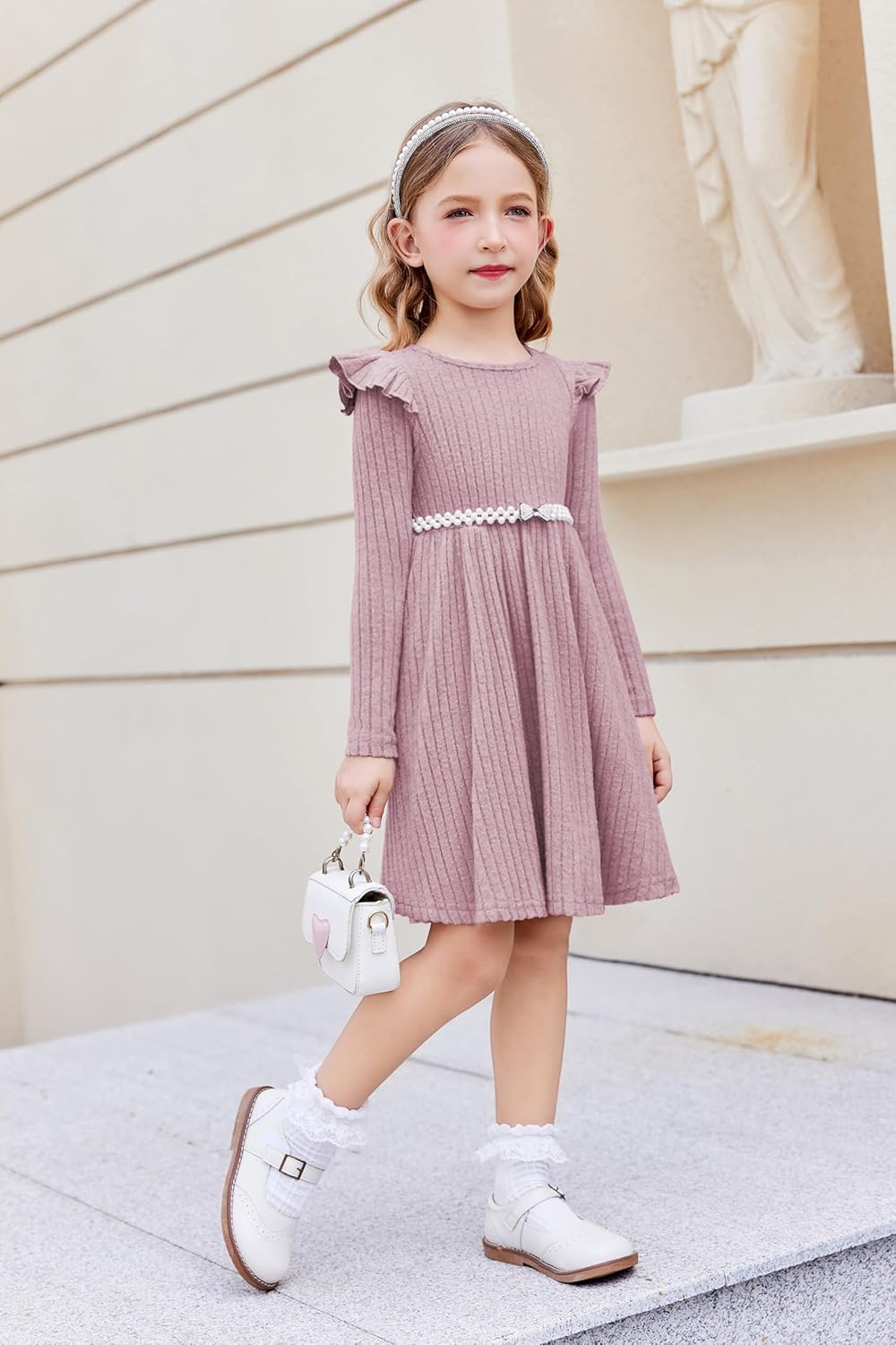 Arshiner Toddler Girl Dress Baby Girls Knitted Ruffle Sleeve Pocket Dresses A-Line Flared Fall Winter Clothes for 2-8 Years - Image 3