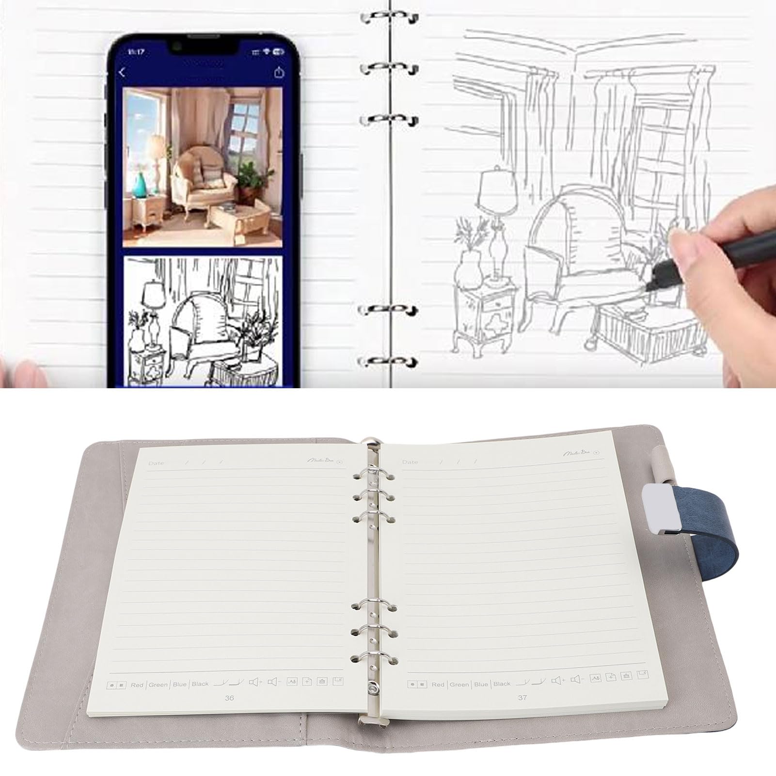 ASHATA Smart Notebook mit Fingerabdruckschloss und Smart Pen, Echtzeitsynchronisierung für Digitalisierung, KI -Sprachtranskription, Unterstützt Textübersetzung, für Notizen und Speichern