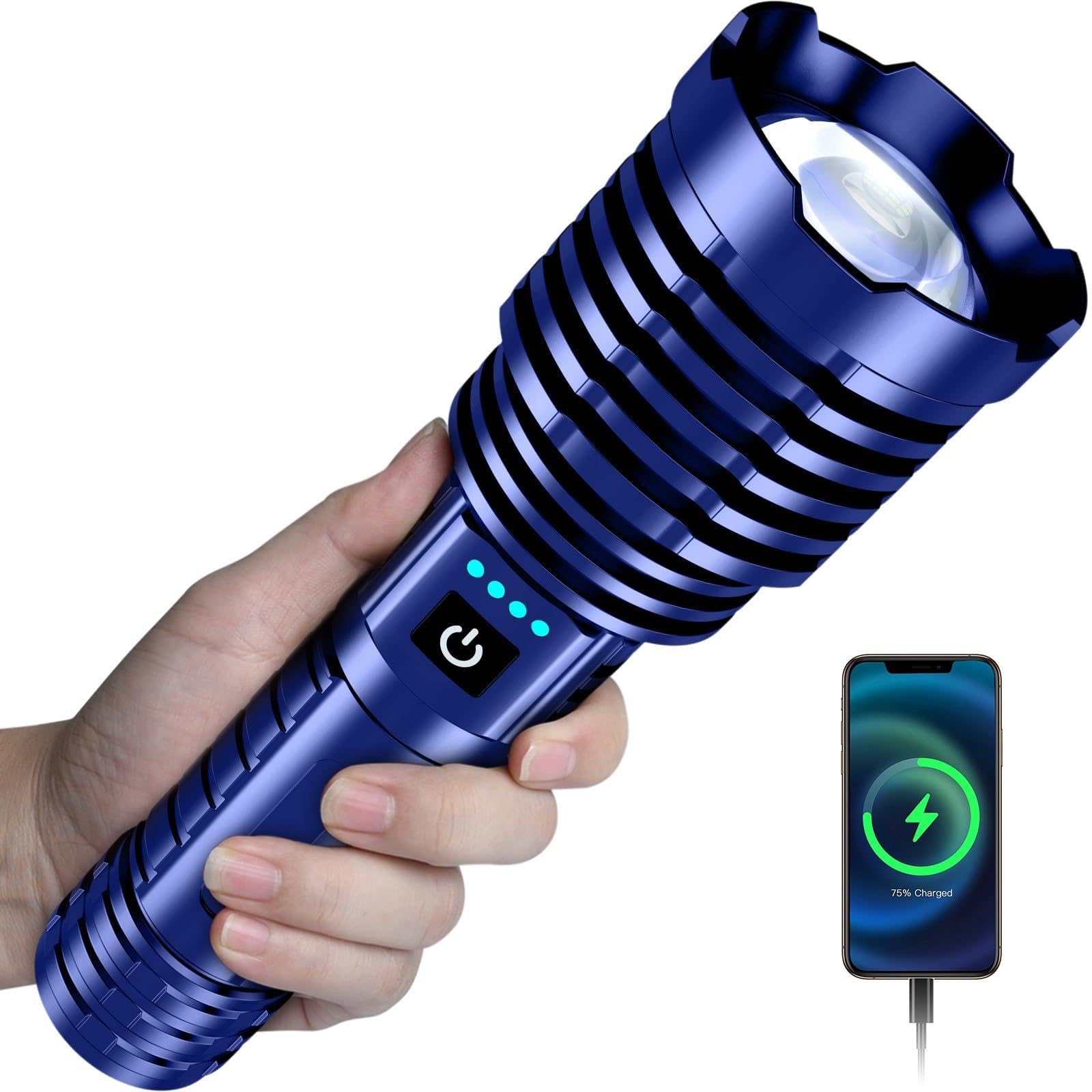 Super Bright Flashlight 5000.000 High Lumens, LED Rechargeable Flashlights Powered by Battery, Handheld Waterproof Tactical Flashlight-Zoomable 5