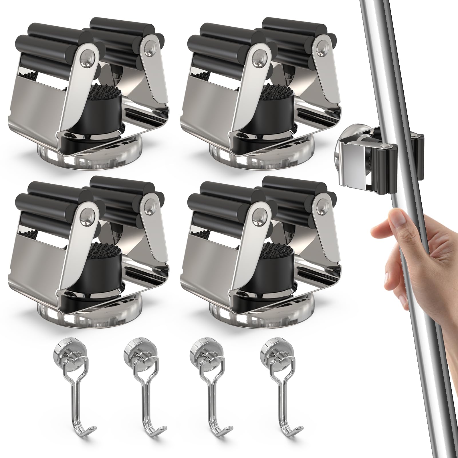 3-H 4 Stück Magnetischer Besenhalter, Edelstahl Gerätehalter Besenhalterung Wandaufhängung für Gartengeräte und Besen, mit 4 Stück Magnetische Haken für Küche Badezimmer Garage Garten Zuhause, Silber