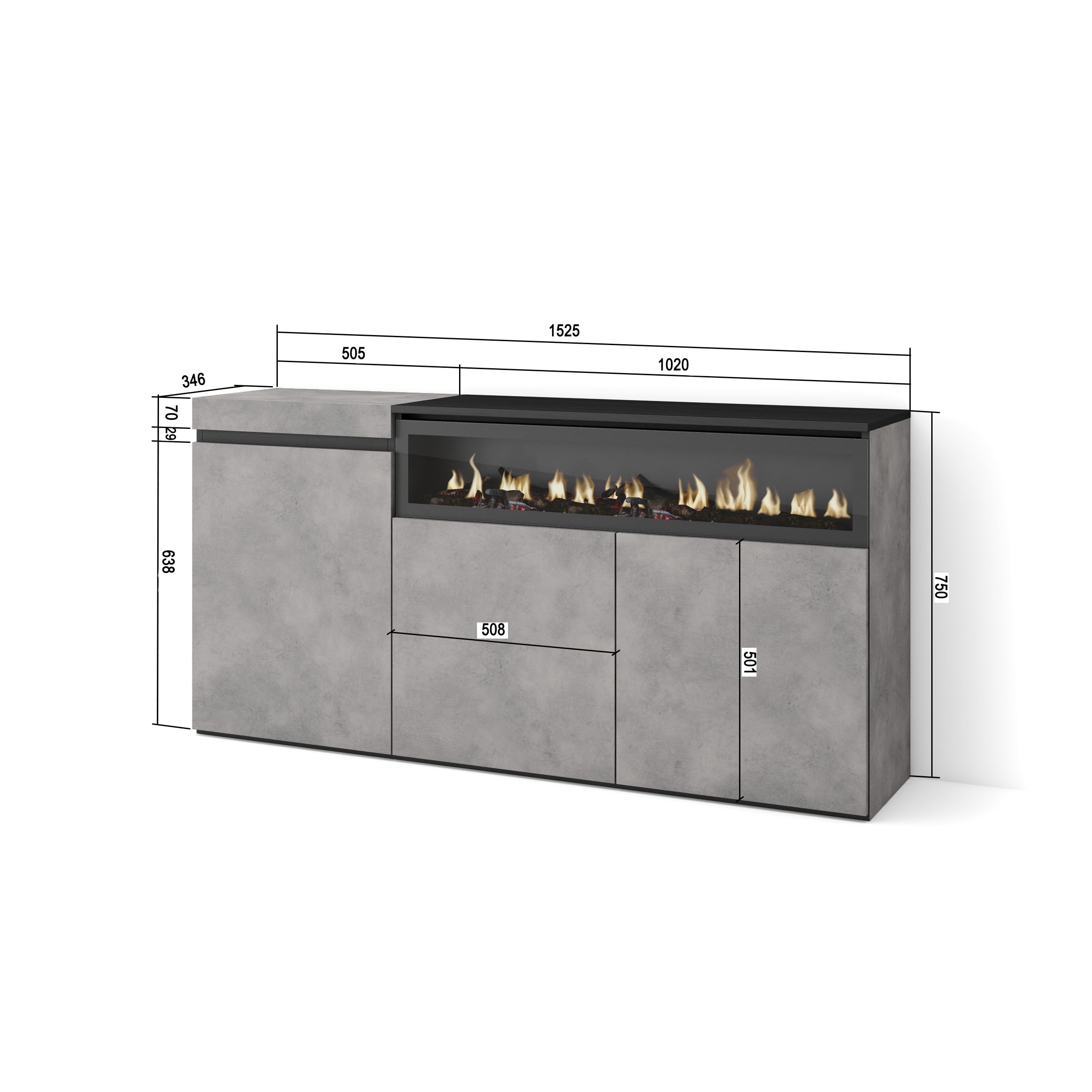 Credenza Design Industriale Con Camino Elettrico LED - 4 Porte, Colore Cemento, Piedi Legno - Foto 3