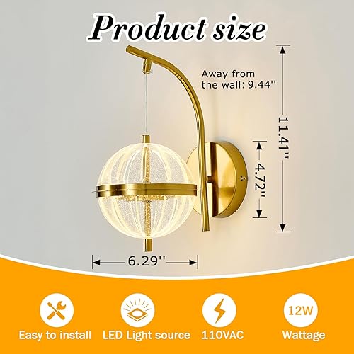 Miniatura 2 de UOFUS Aplique de pared dorado con pantalla acrílica de globo de mediados de siglo, moderna lámpara de pared LED de 12 W, 3000 K/4000 K/6000 K,