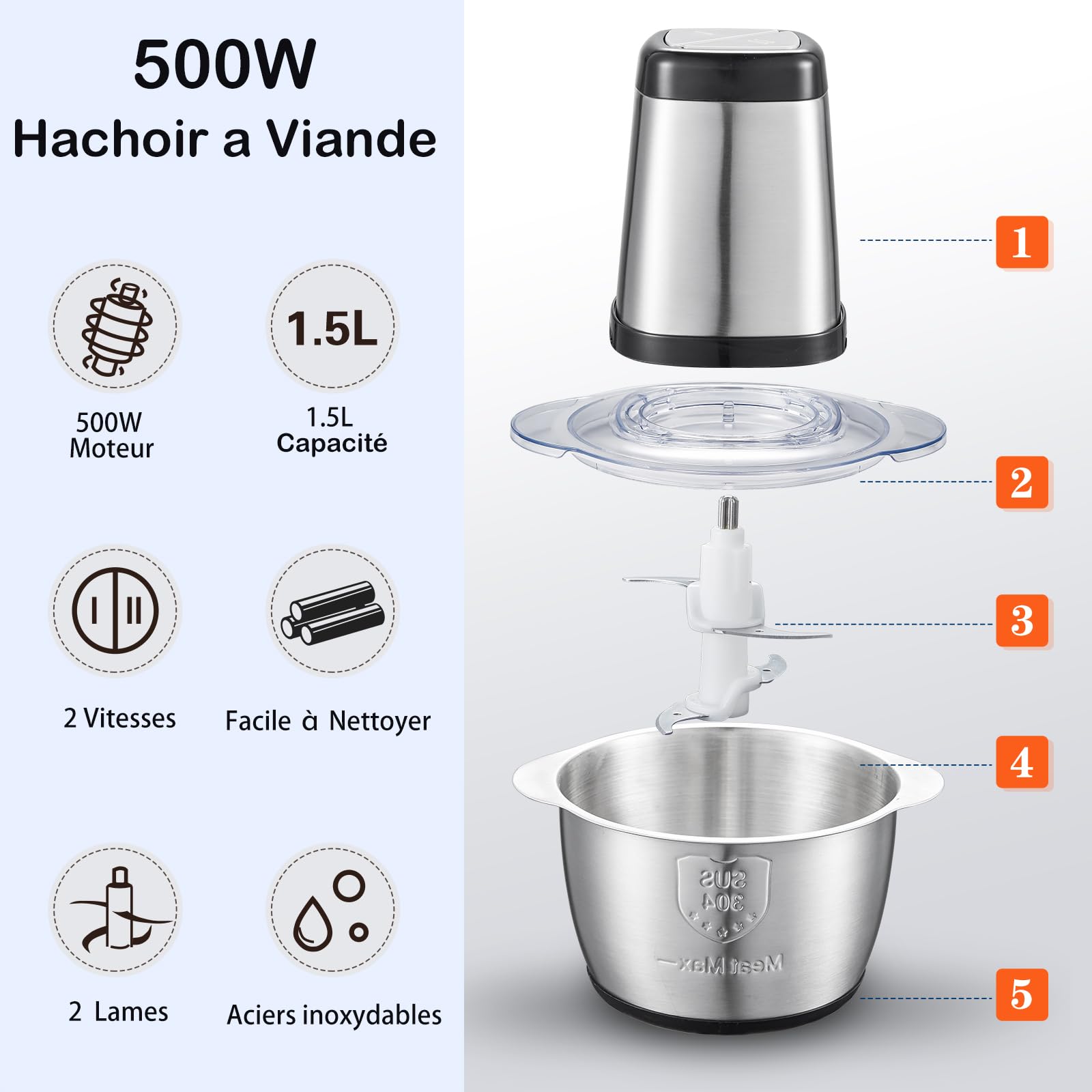 AMZCHEF Hachoir à Viande Électrique 2L 500W - Mini Hachoir 4 Lames 2 Vitesses - Inox Pour Viande, Légumes, Fruits Et Bébé