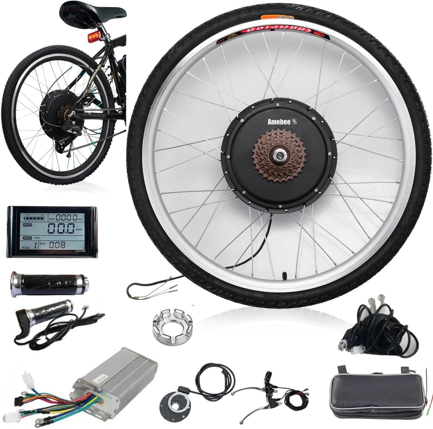 Amebee eBike Wheel Conversion Kit 20in / 24in / 26in 750/1000/1500W Font/Rear Drive Controller LCD Display Trun Bike to Ebike Motor Wheel Tires Modification Kits (24in 1kw 48V Motor Rear Wheel)
