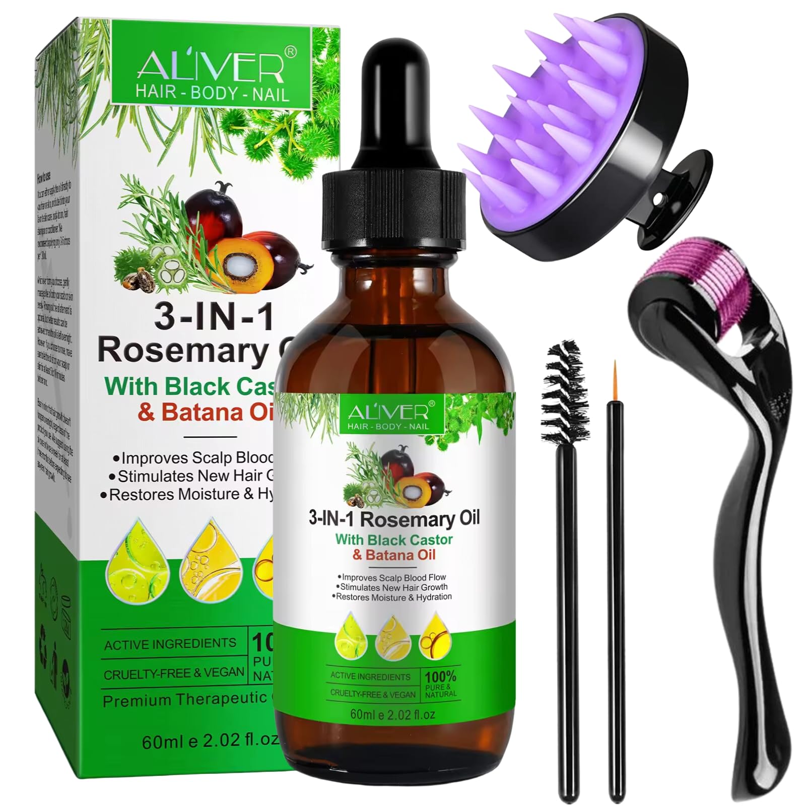 3 in 1 Rosemary, Black Castor & Batana Oil for Hair Growth With Microneedle Roller & Scalp Massager 60ml | Pure Cold Pressed Hair Eyelash Eyebrow Regrowth Serum